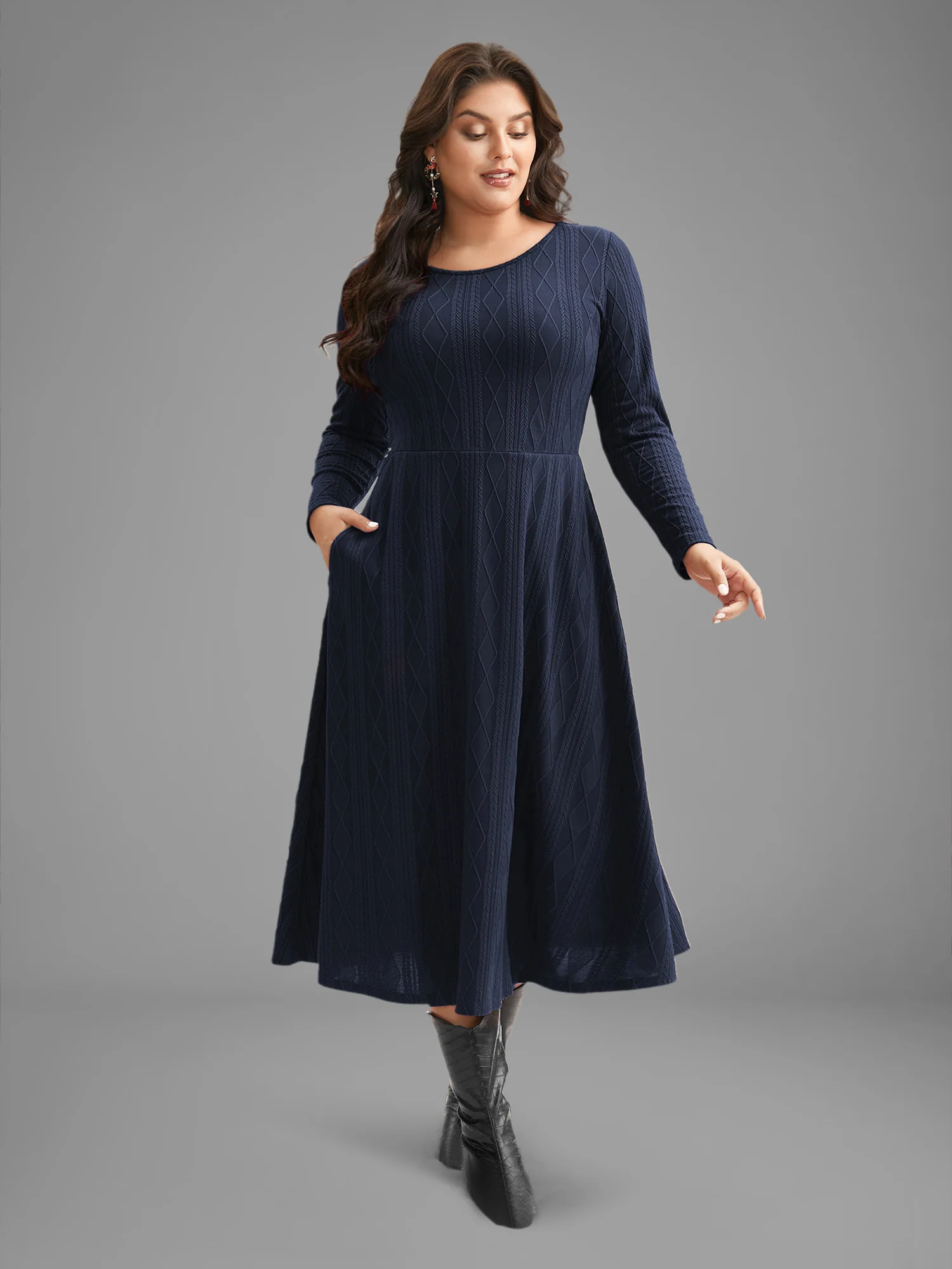 Textured Knit Fit-And-Flare Midi Dress