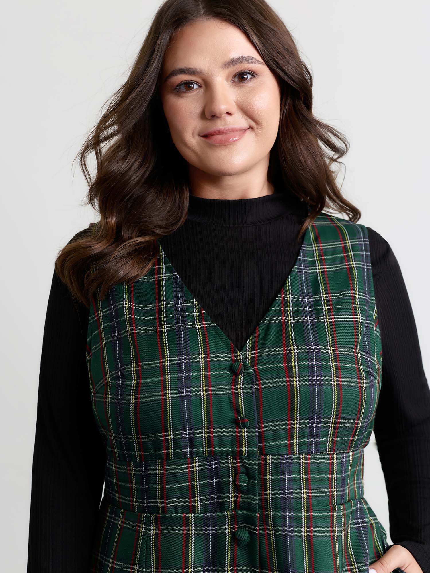 Plaid Print V-Neck Straight-Leg Jumpsuit