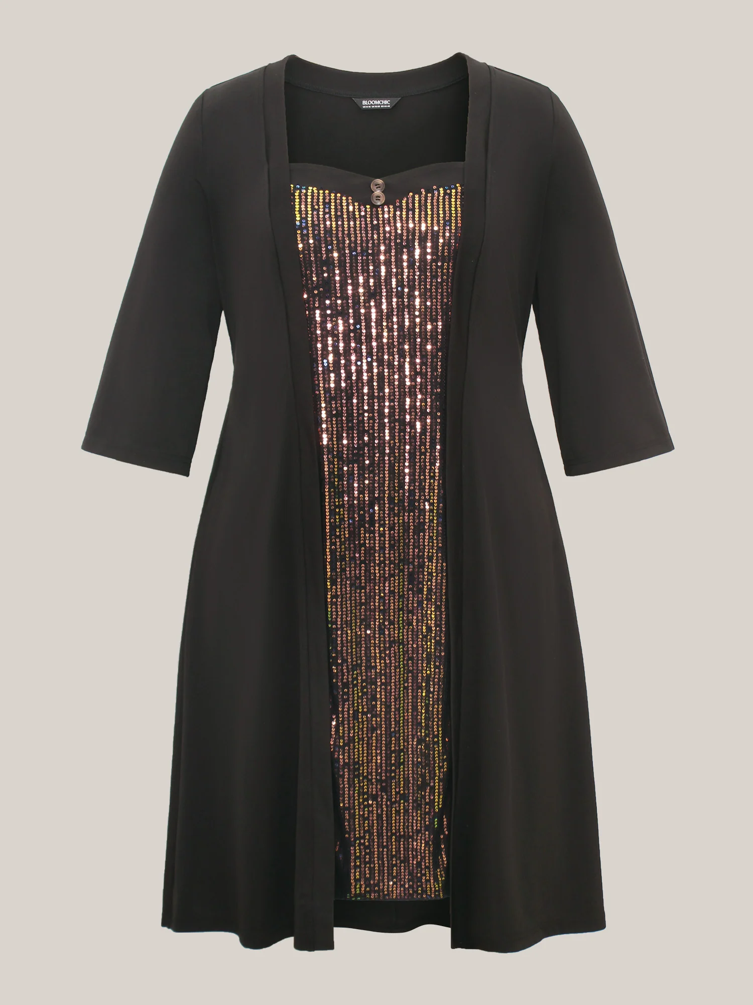 Heart Neckline Patchwork Sequin Button Detail Dress