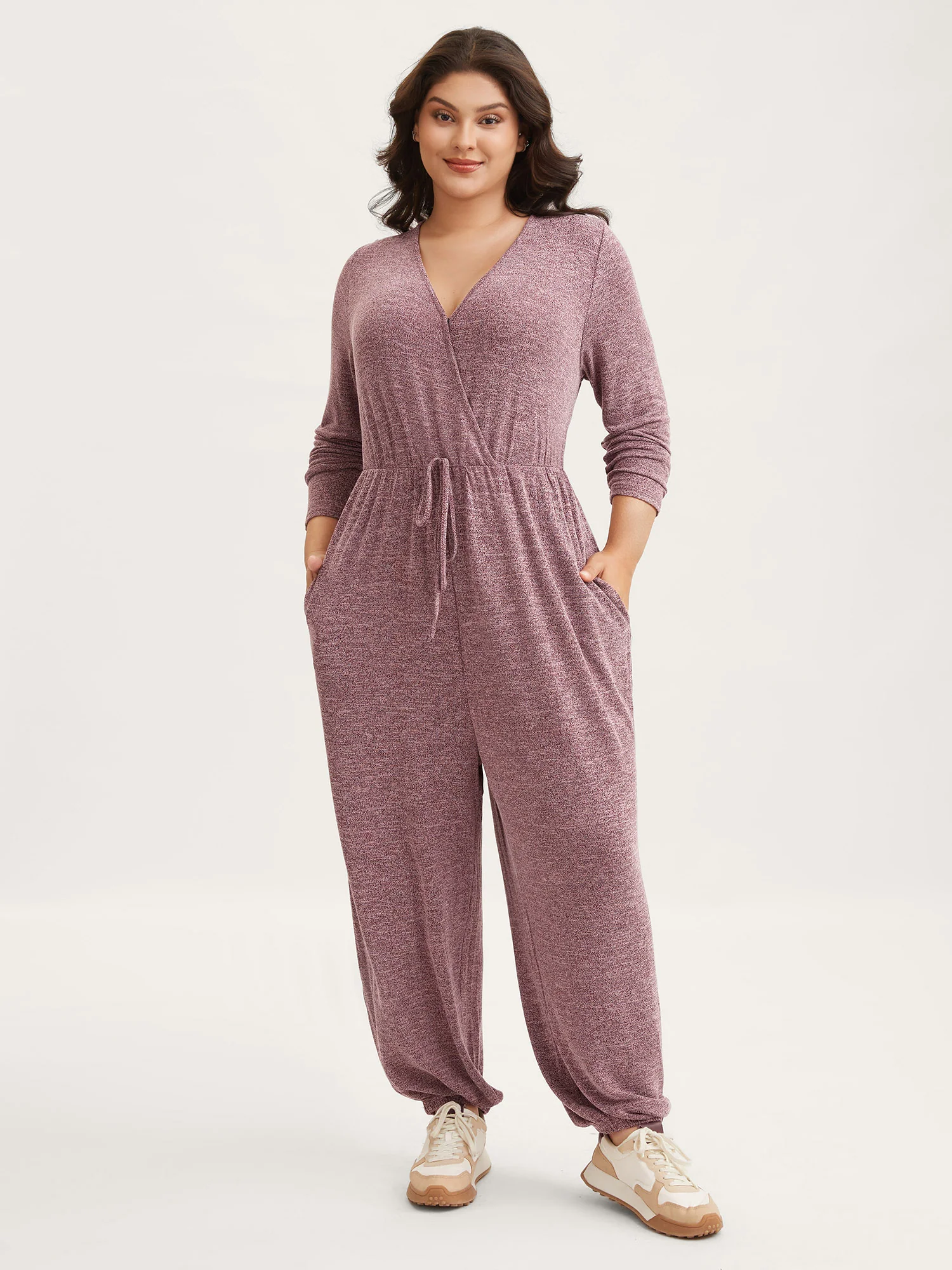 Elastic Waist Overlap Collar Lounge Jumpsuit