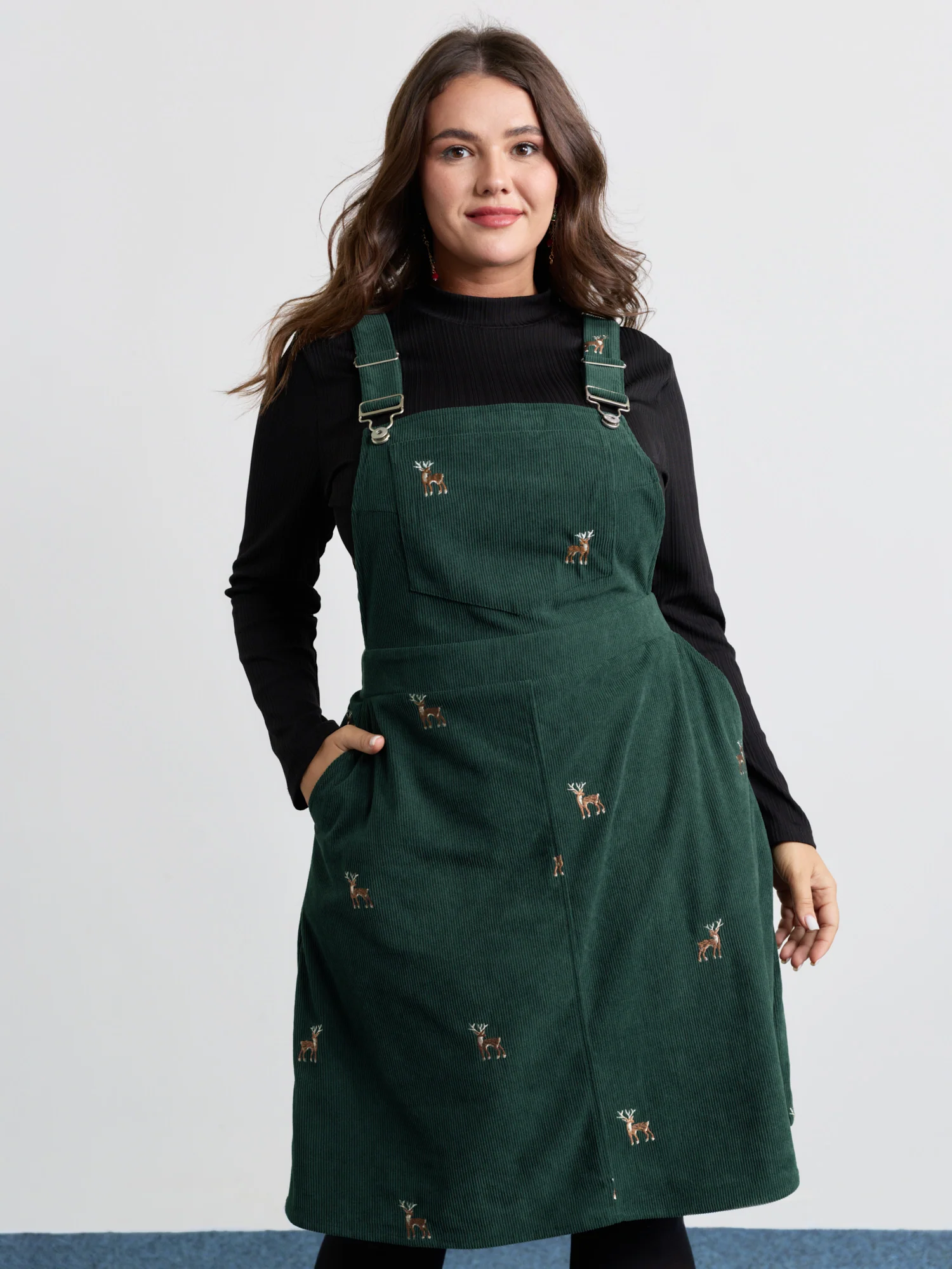 Corduroy Embroidered Adjustable Straps Knee Dress
