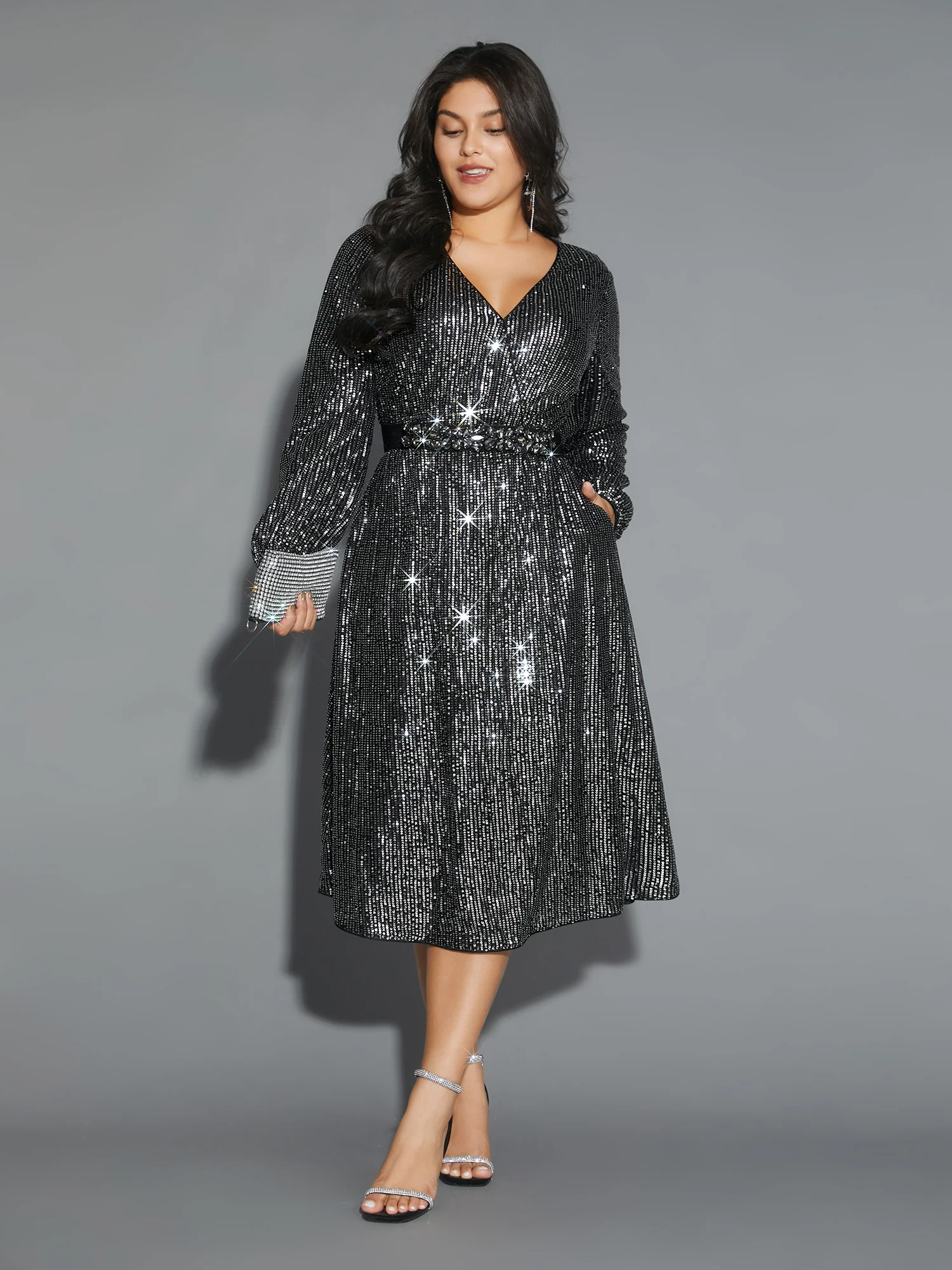Solid Pocket Lantern Sleeve Wrap Sequin Dress