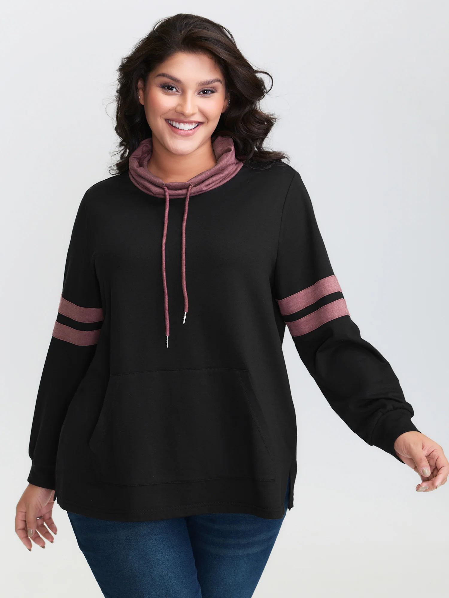 Stripe Color Contrast High Neck Sweatshirt