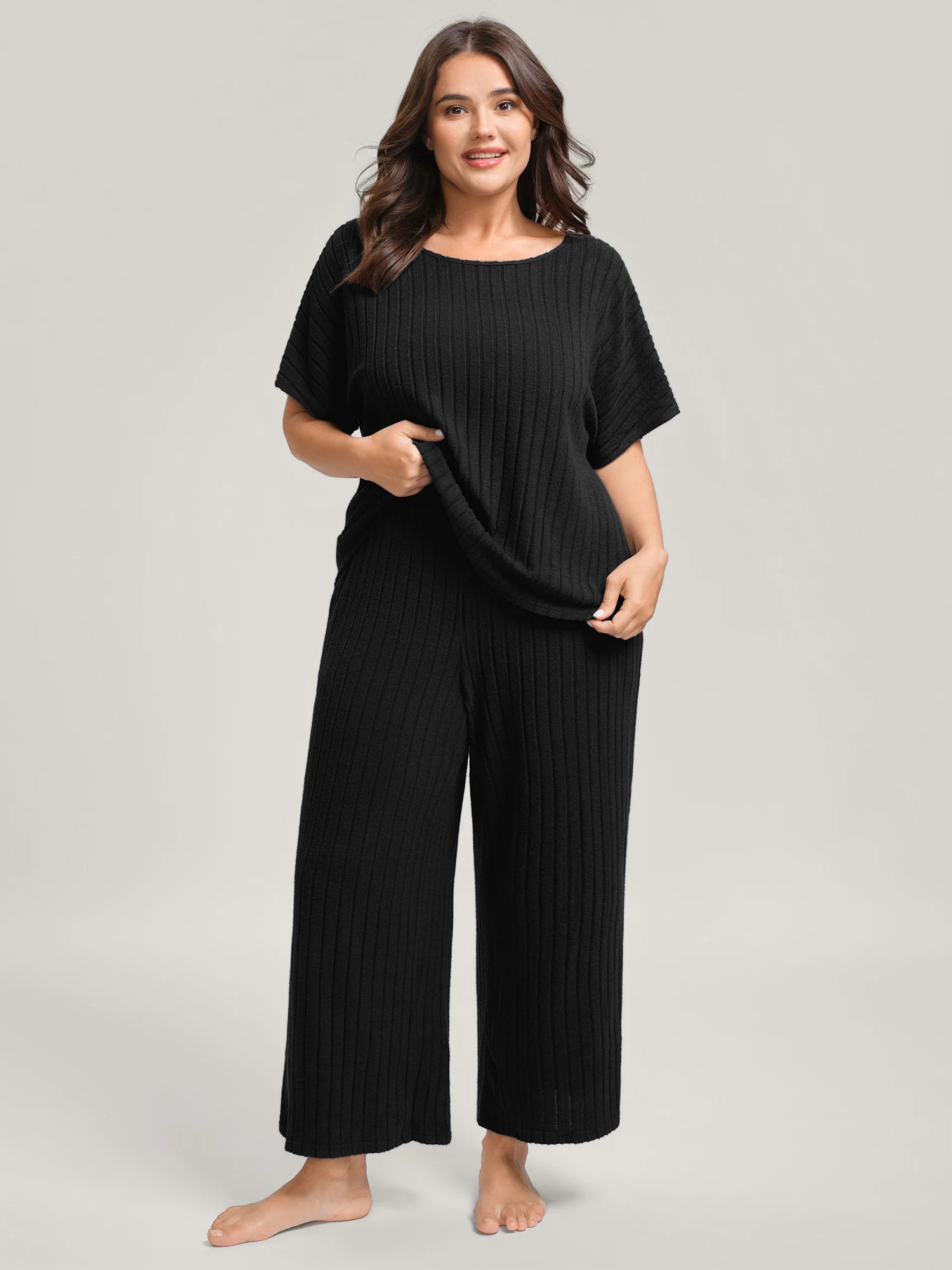 Stretchy Pit Strip Solid Loungewear Set