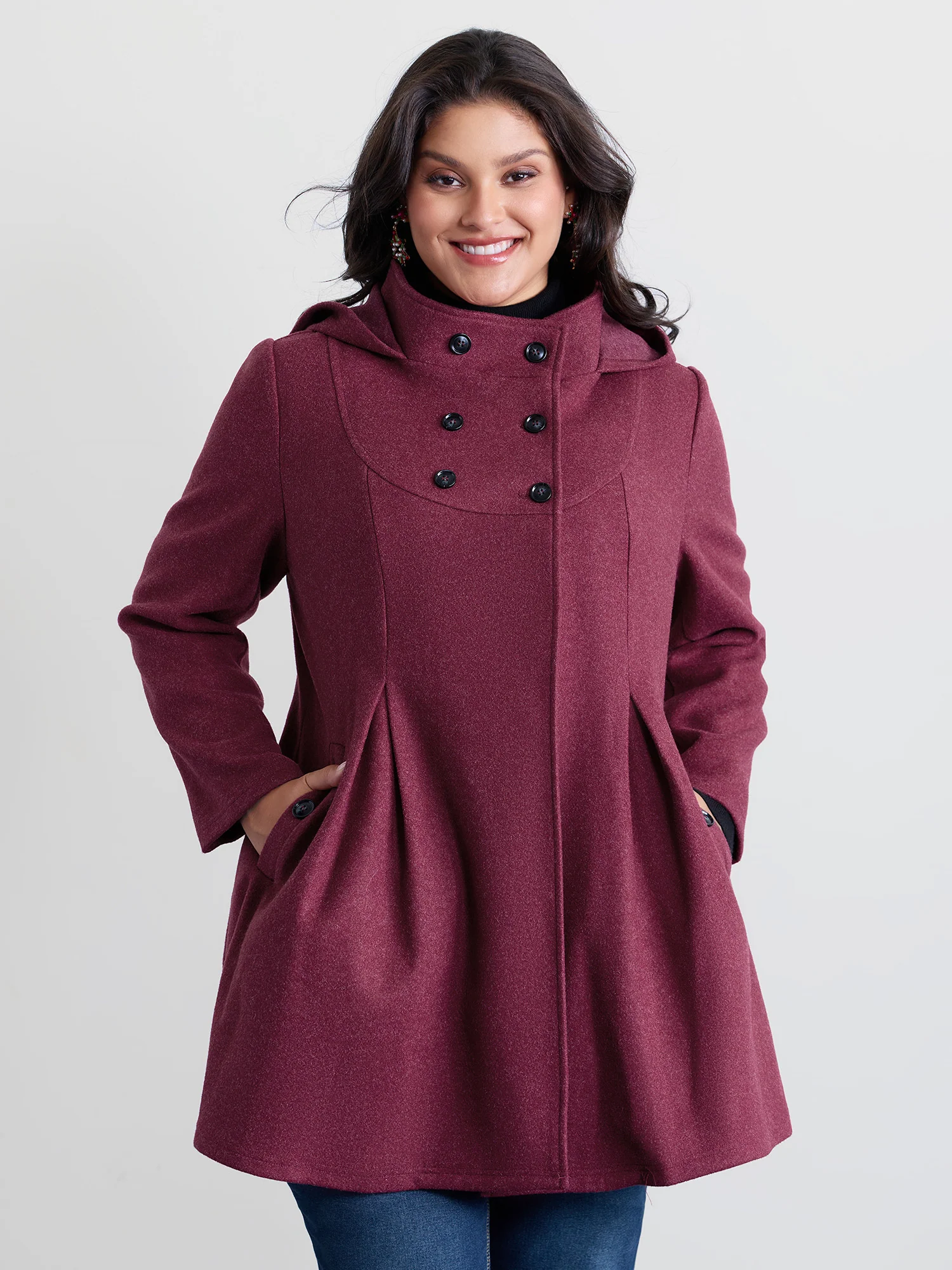 Hooded Pleated Pockets Waist-Defining Coat