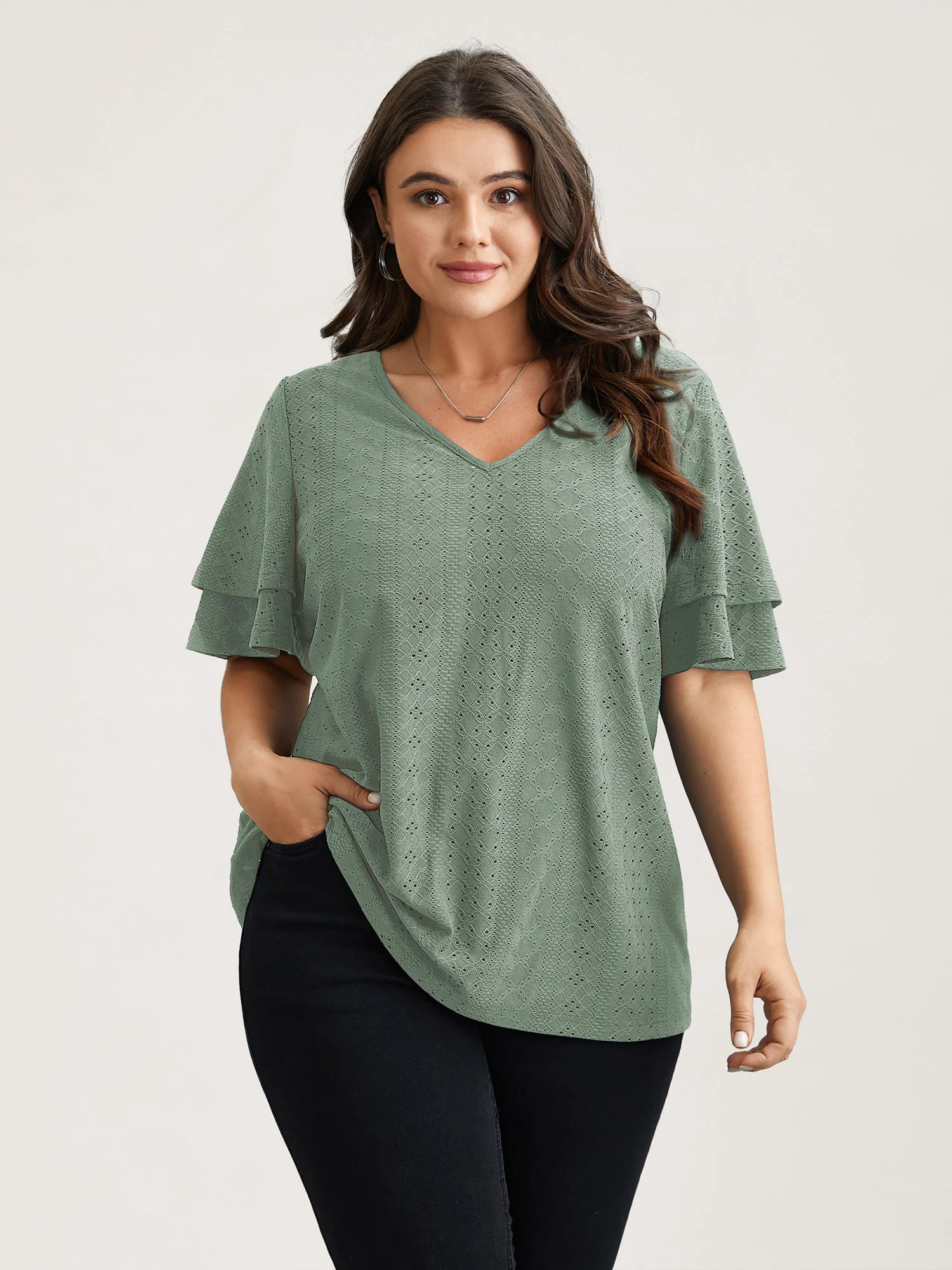 Jacquard Textured Lotus Leaf Sleeve Top
