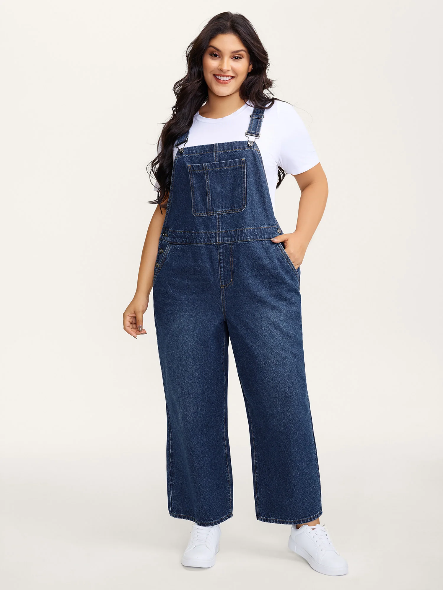 Cotton Relaxed-Fit Side Button Overall Denim Jumpsuit