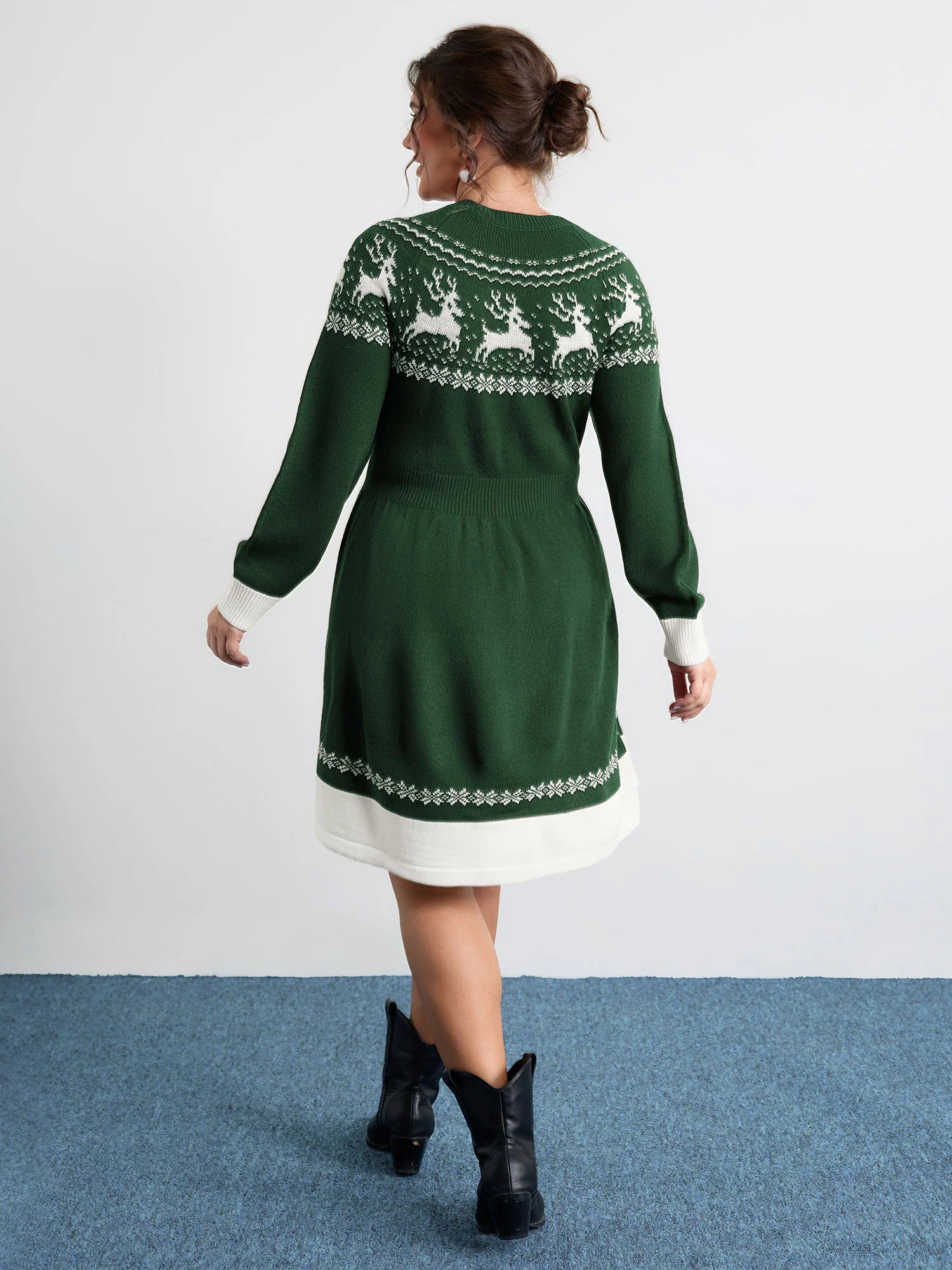 Reindeer Print Cinched-Waist Sweater Midi Dress