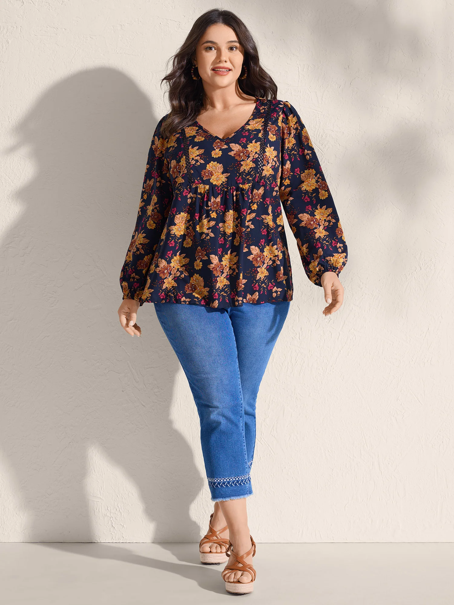 Fall Florals Lace Trim Flowy Blouse