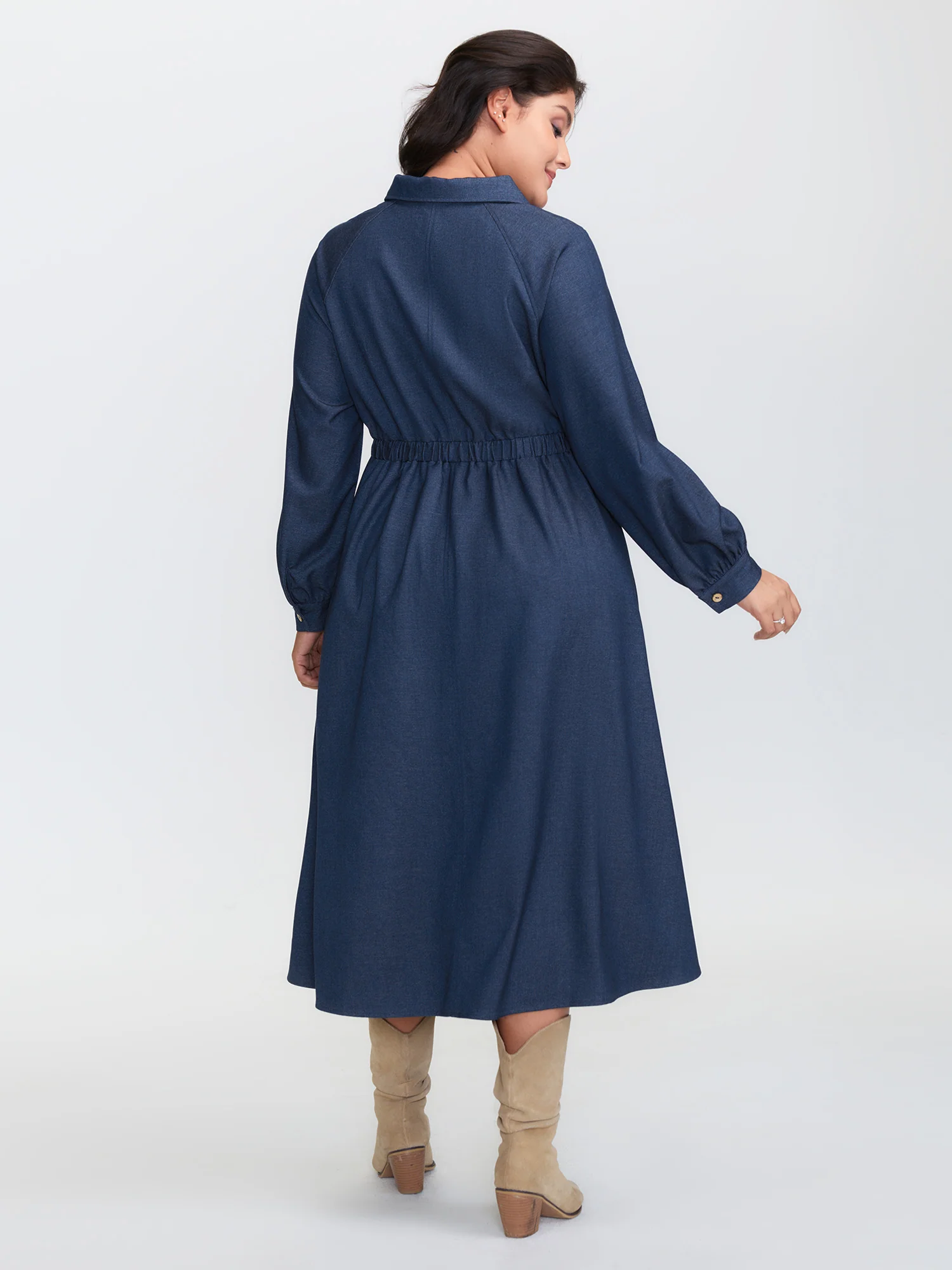 Stretchy Waist Slit Denim-Like Midi Dress