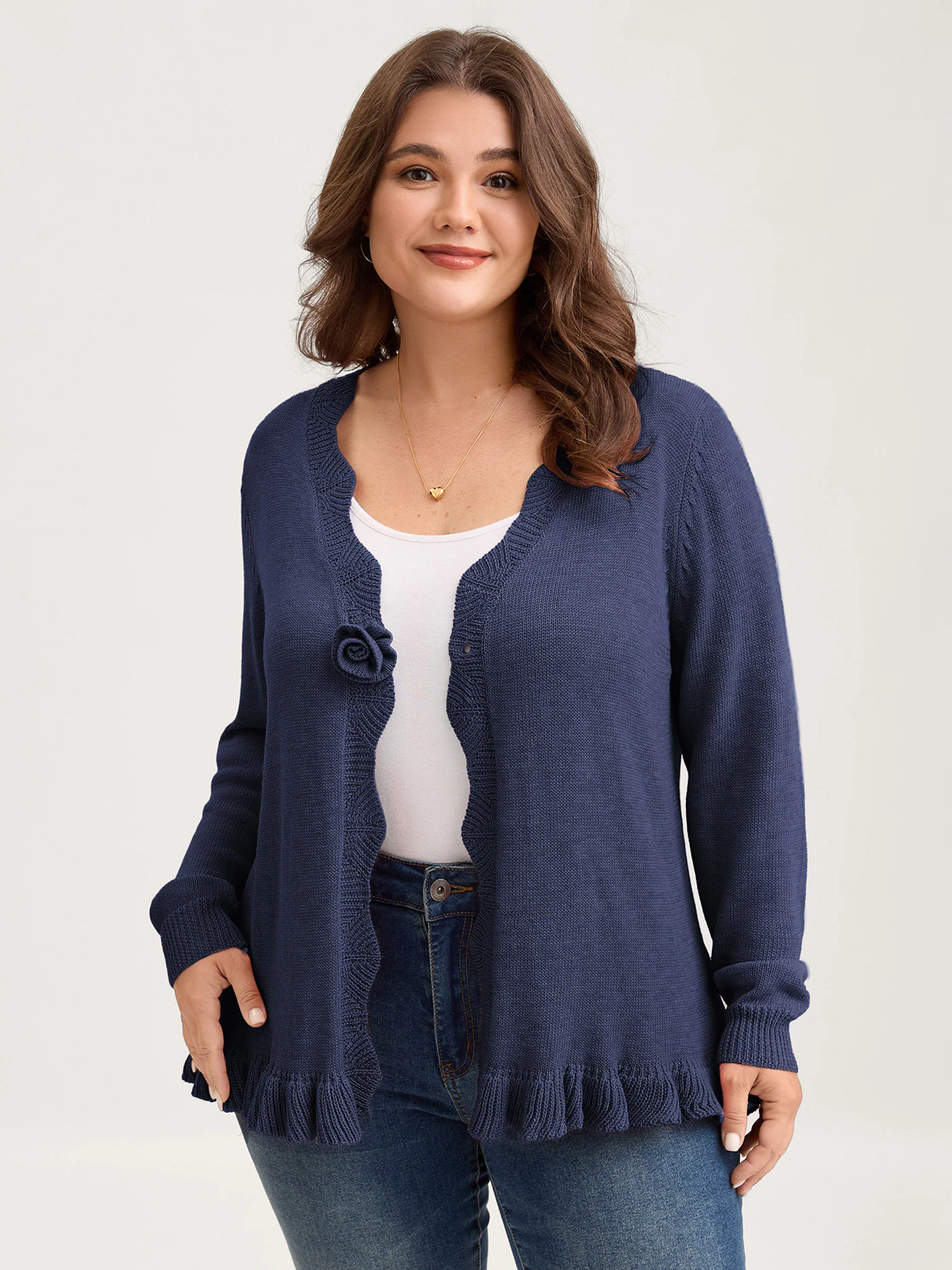 Supersoft Textured Floral Button Ruffled Hem Knit Cardigan