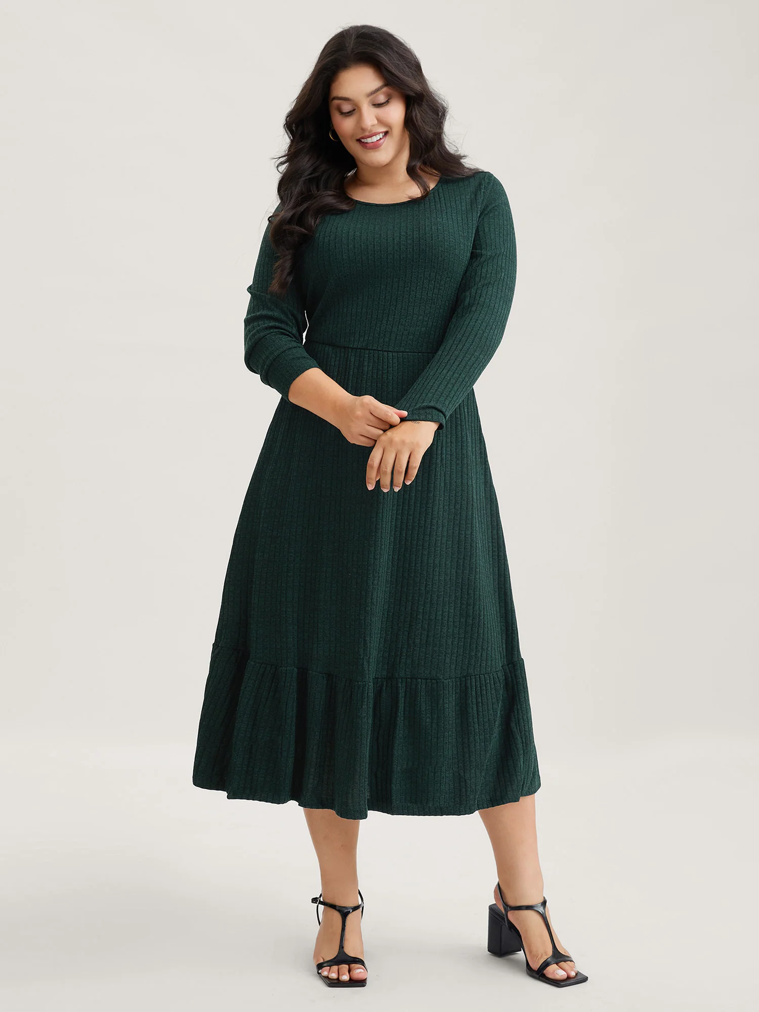 Solid Pocket Rib Knit Ruffle Hem Dress Without Belt