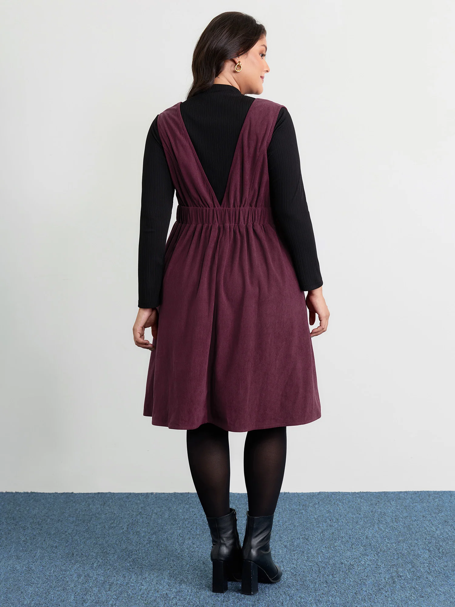 Corduroy Stretchy Waist V-Neck Midi Dress