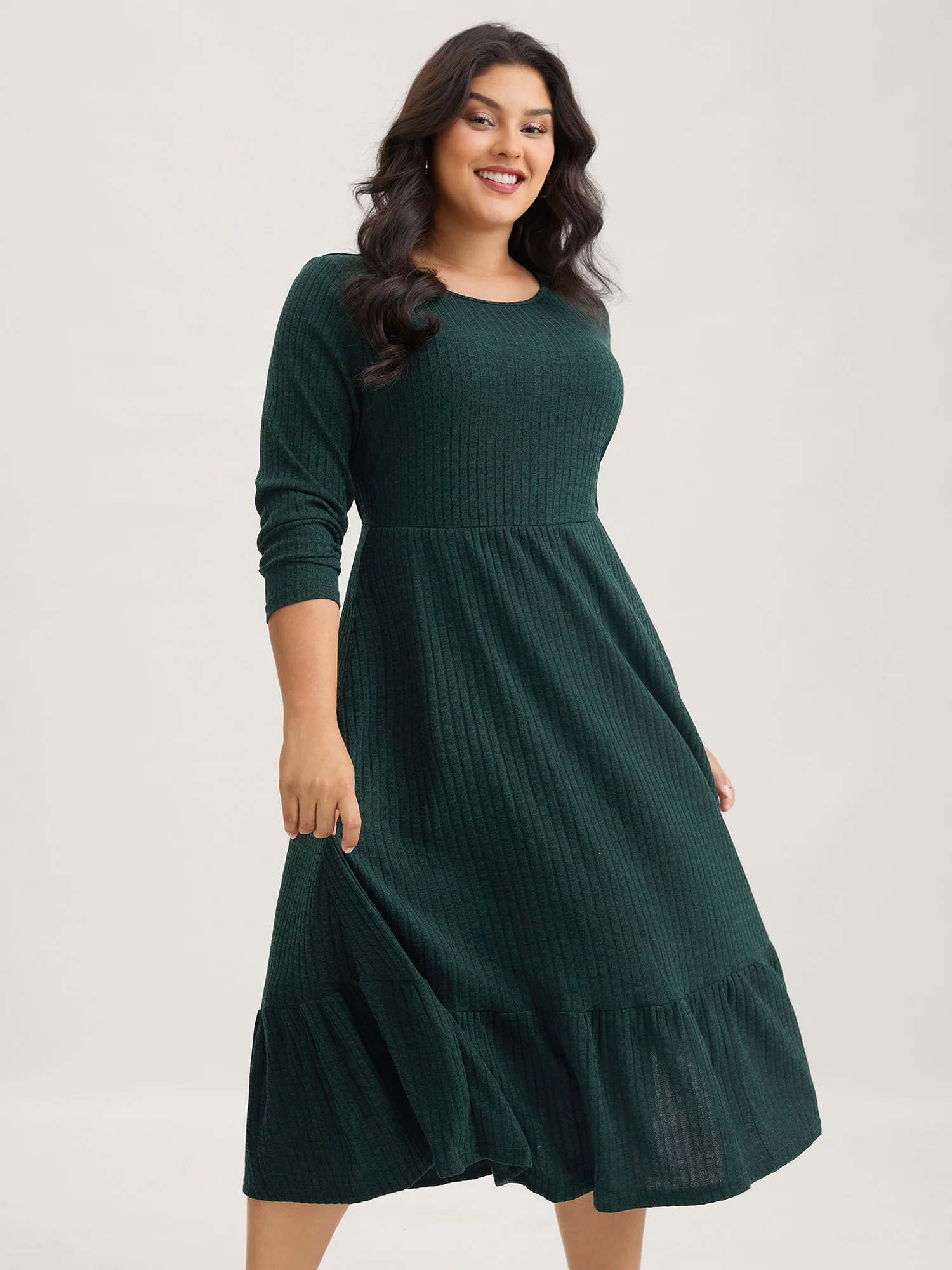 Solid Pocket Rib Knit Ruffle Hem Dress Without Belt