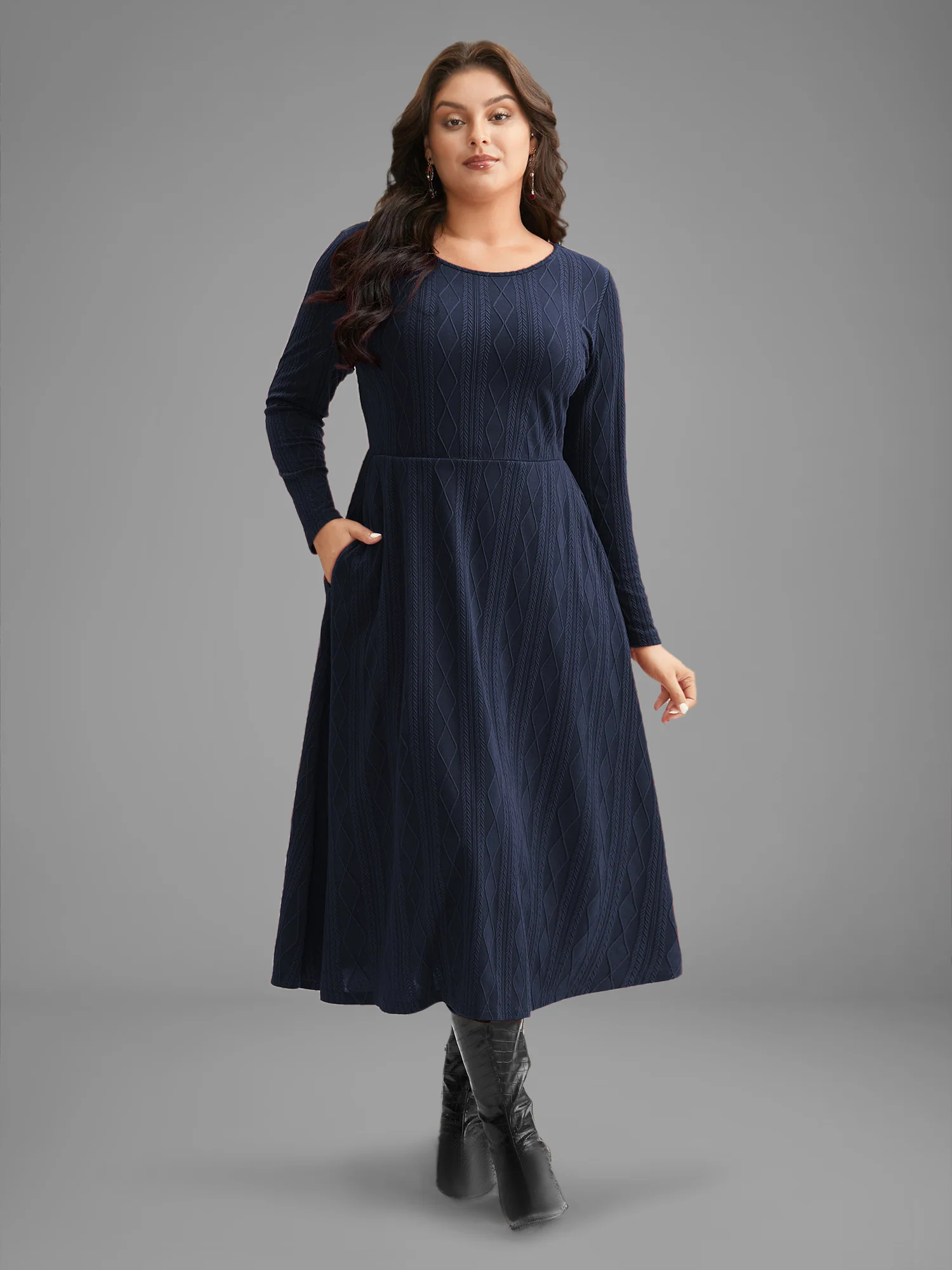 Textured Knit Fit-And-Flare Midi Dress