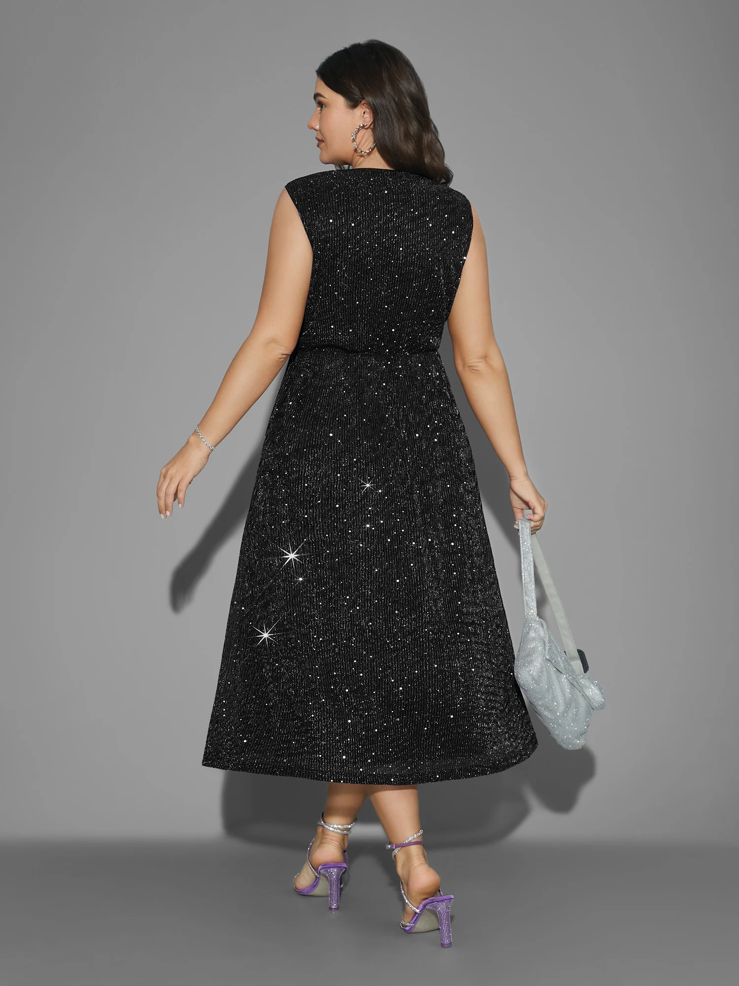 Sequin Surplice Neckline Sleeveless Midi Dress