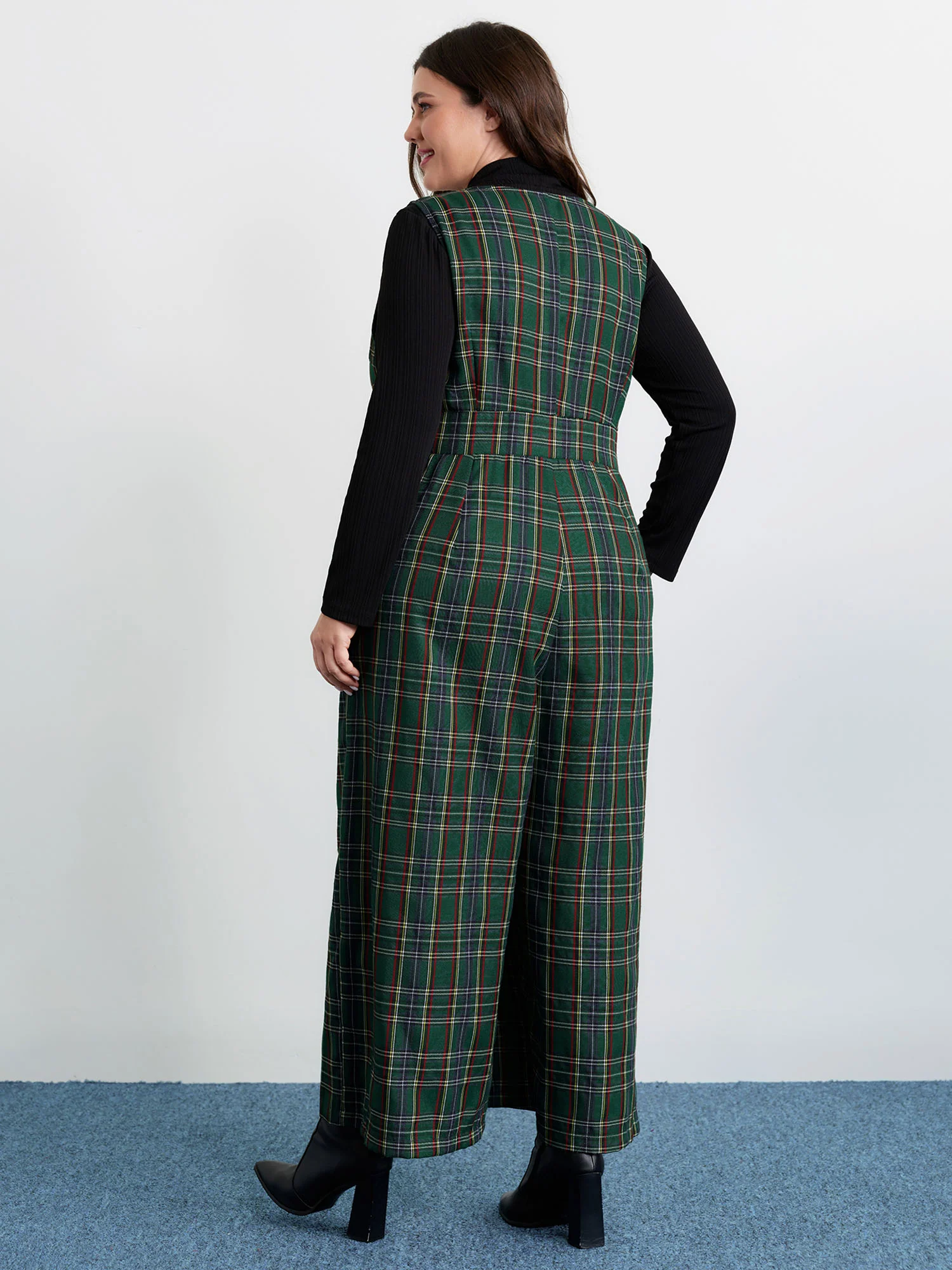 Plaid Print V-Neck Straight-Leg Jumpsuit