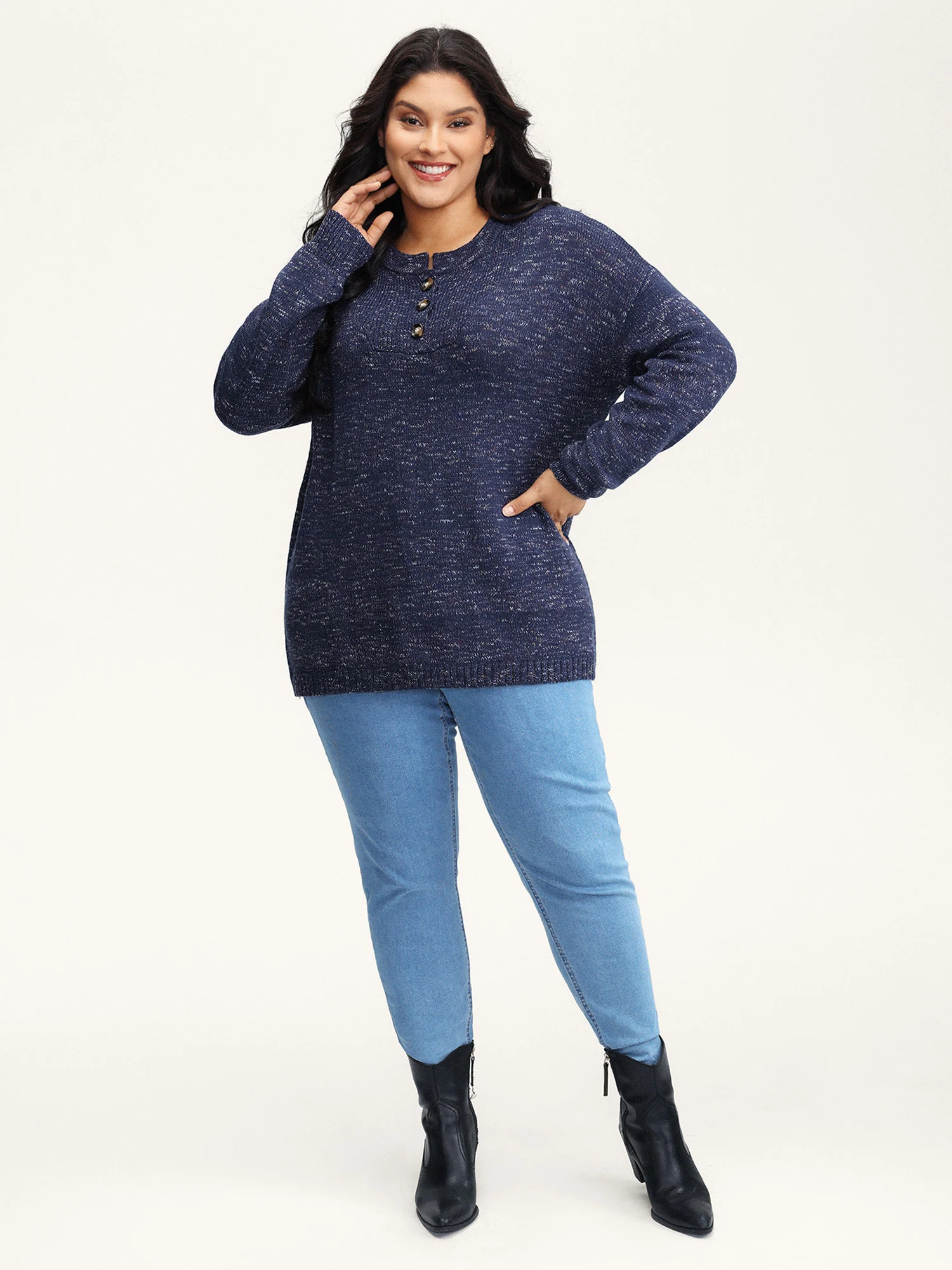 Heather Textured Button Neck Pullover