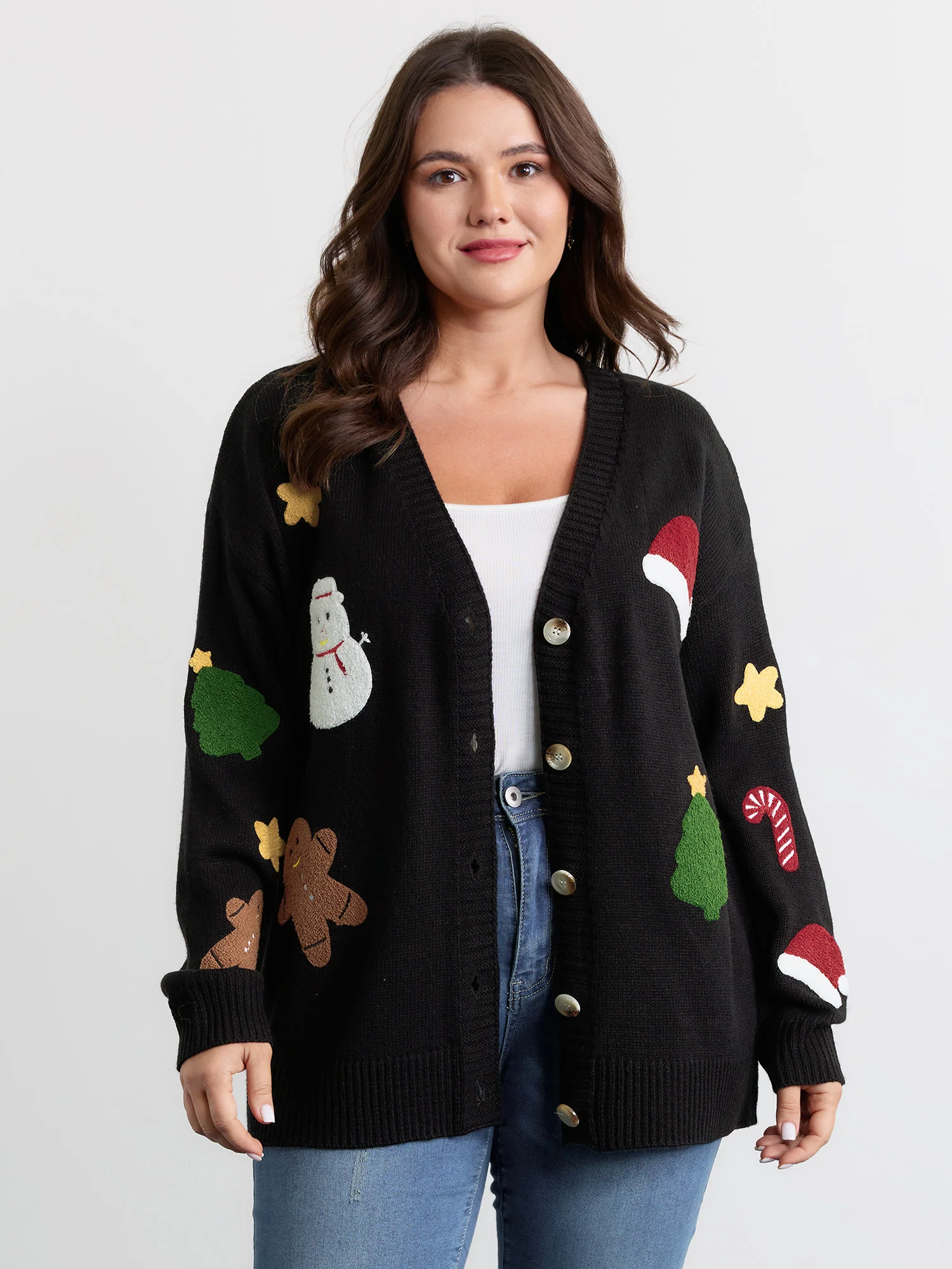 Gingerbread Santa Embroidery Knit Cardigan