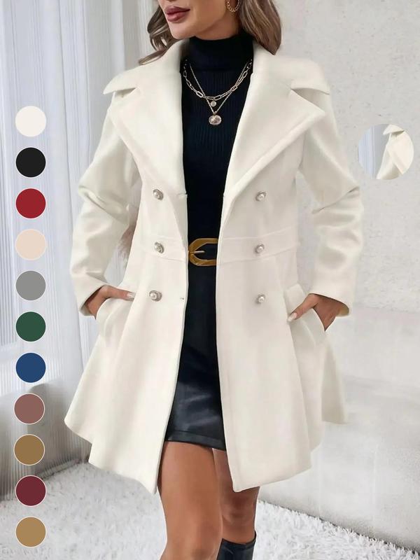 Women's Solid Double Button Pocket Overcoat, Casual Long Sleeve Lapel Neck Outerwear for Fall & Winter, Women's Clothes for Daily Wear, Clothing for Women, Cute Tops