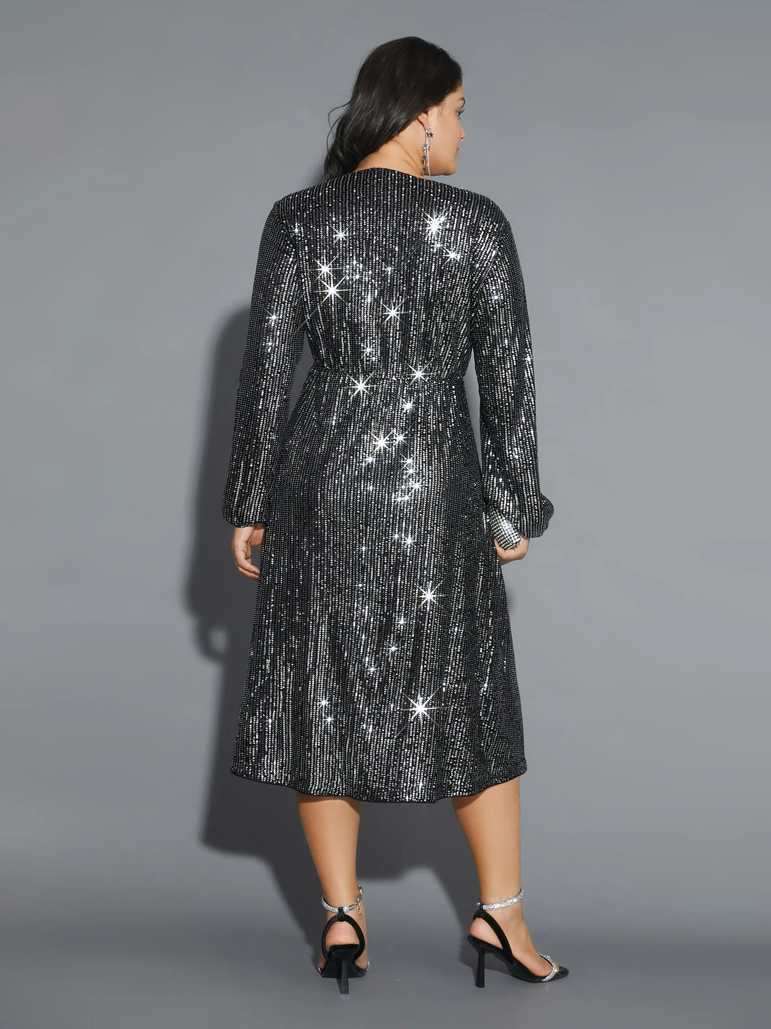 Solid Pocket Lantern Sleeve Wrap Sequin Dress