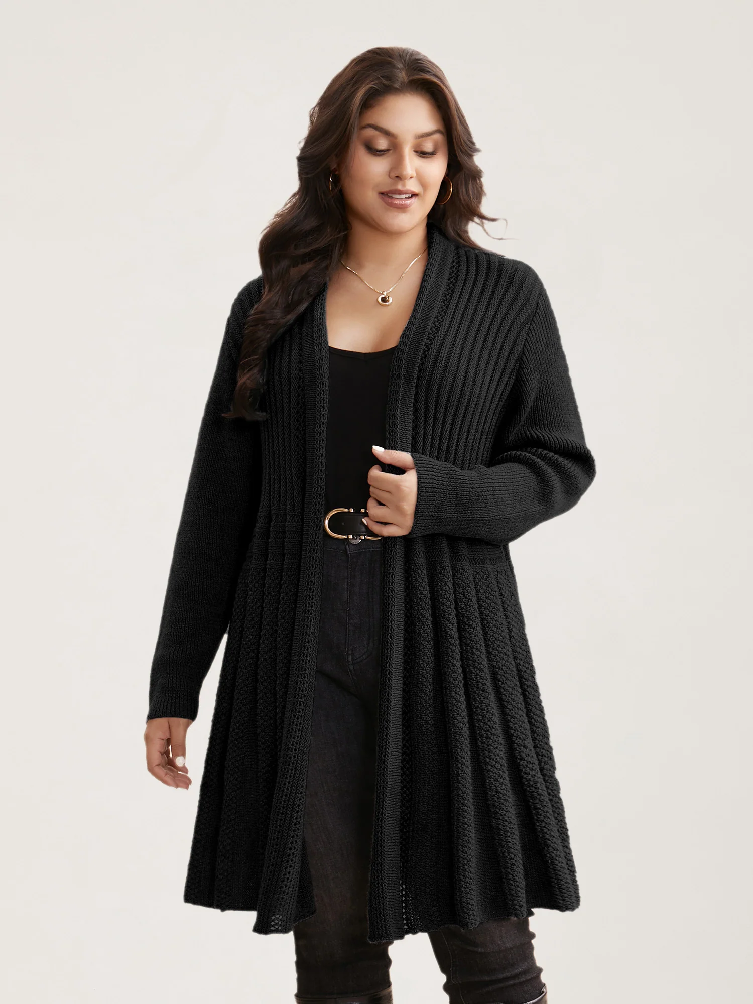 Plain Textured Kimono Collar Cardigan