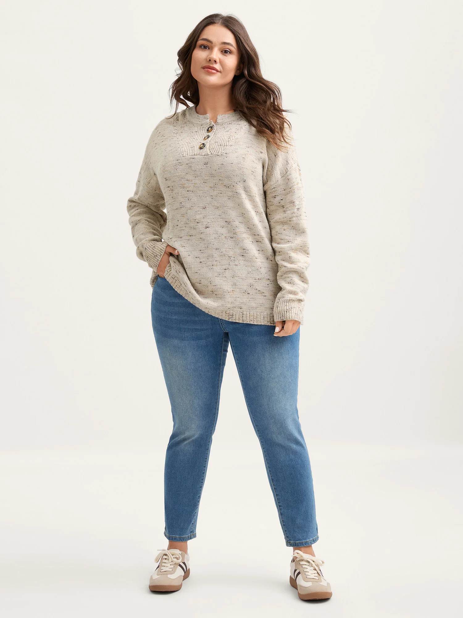Heather Textured Button Neck Pullover