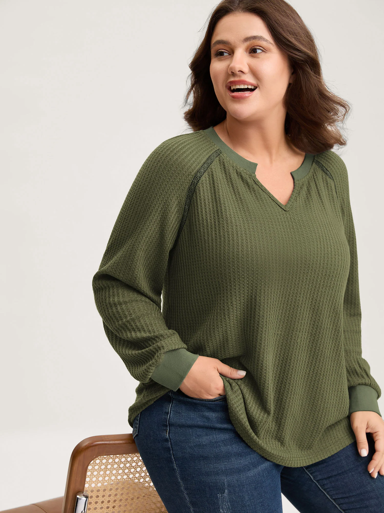 Waffle Grid Notched Collar Lace Sweatshirt