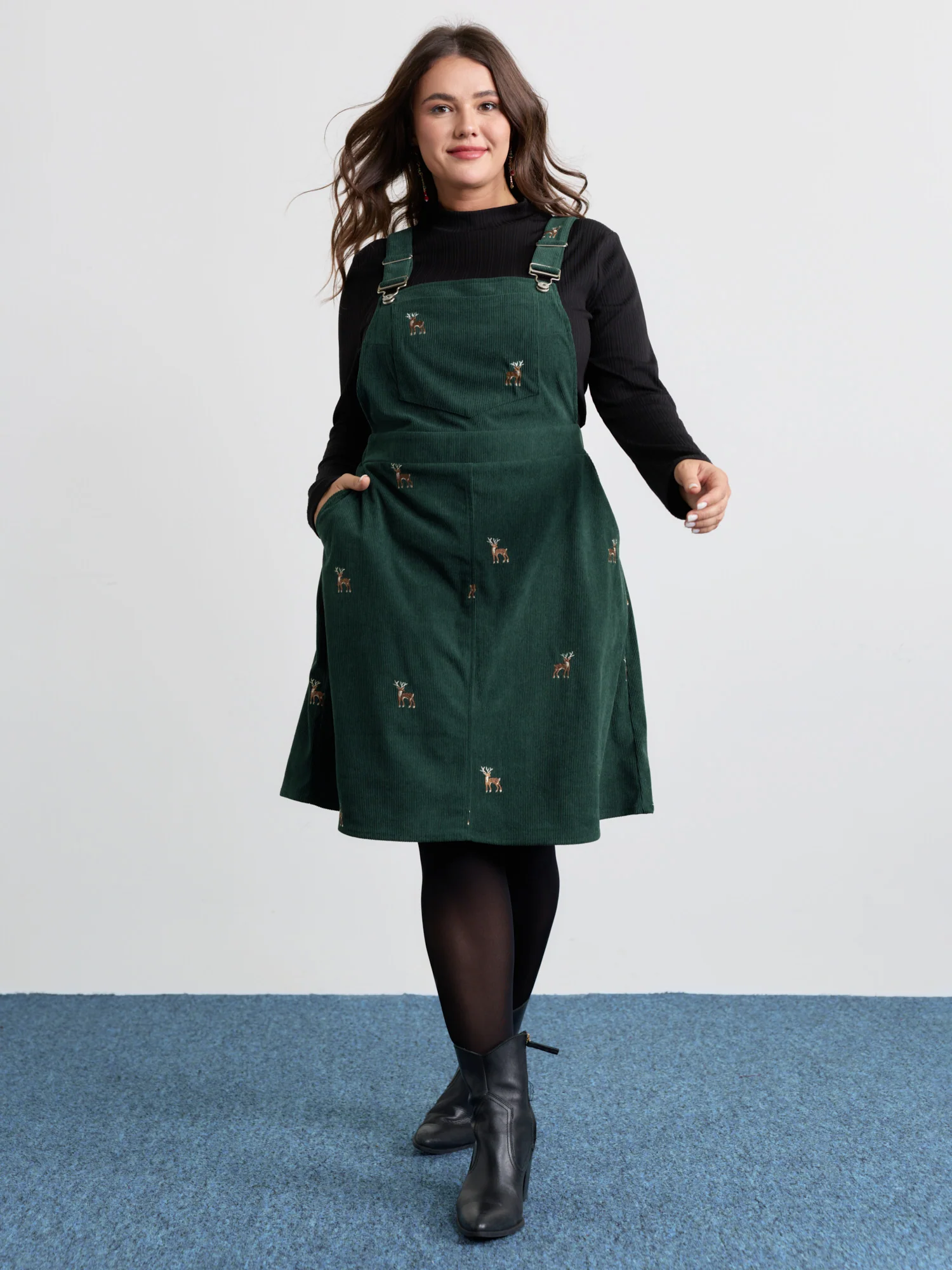 Corduroy Embroidered Adjustable Straps Knee Dress