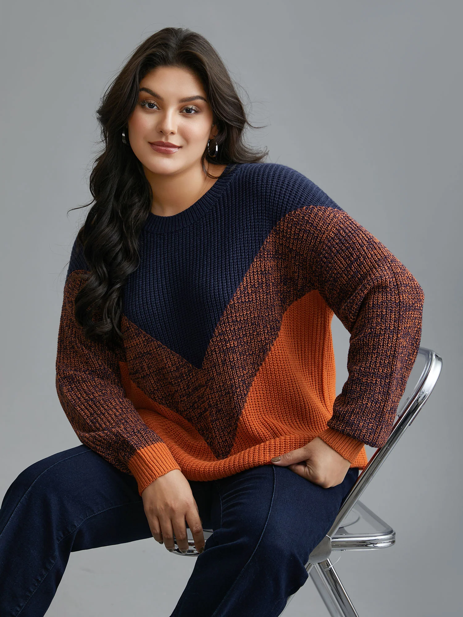 Textured Balloon Sleeves Color Block Pullover