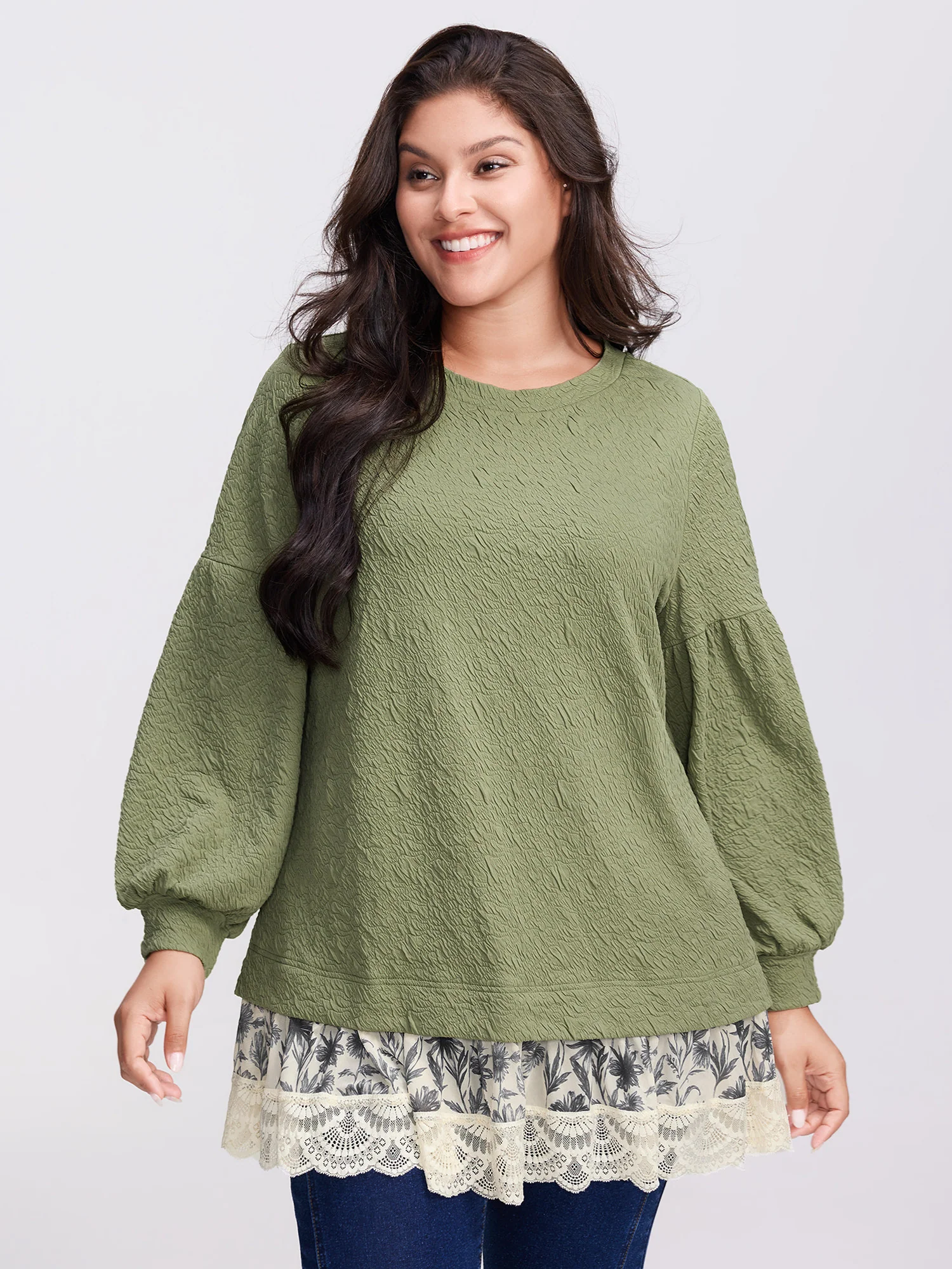 Textured Lace Layered Balloon Sleeve Sweatshirt