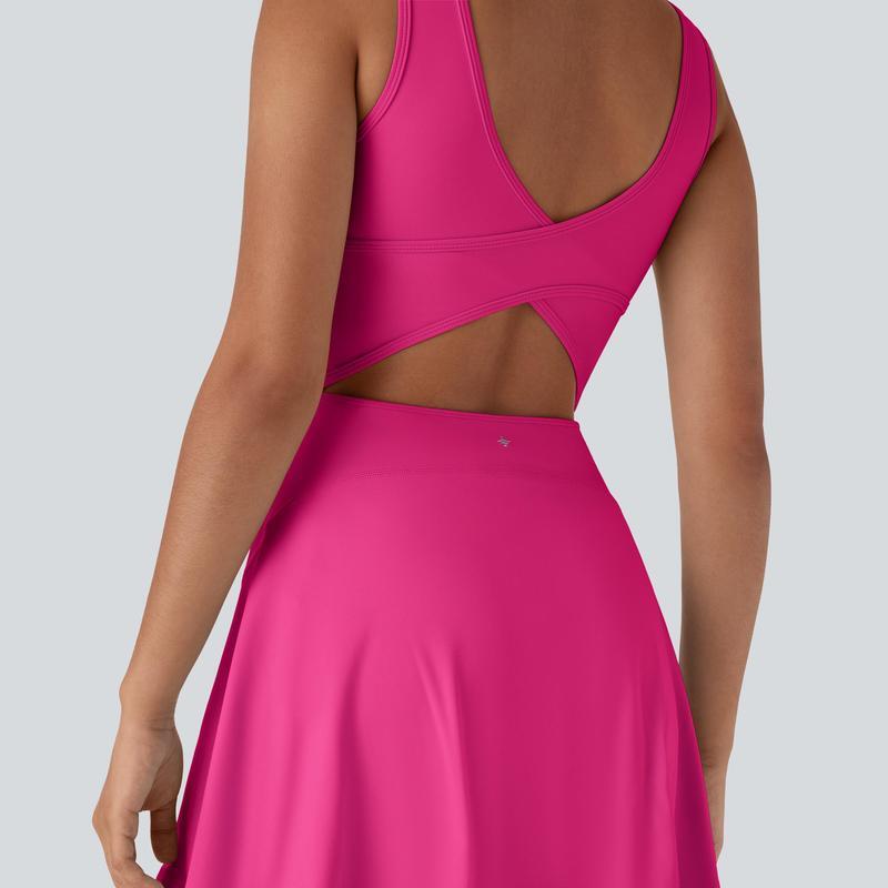 Women's U-Neck Backless Active Dress with Built-In Shorts