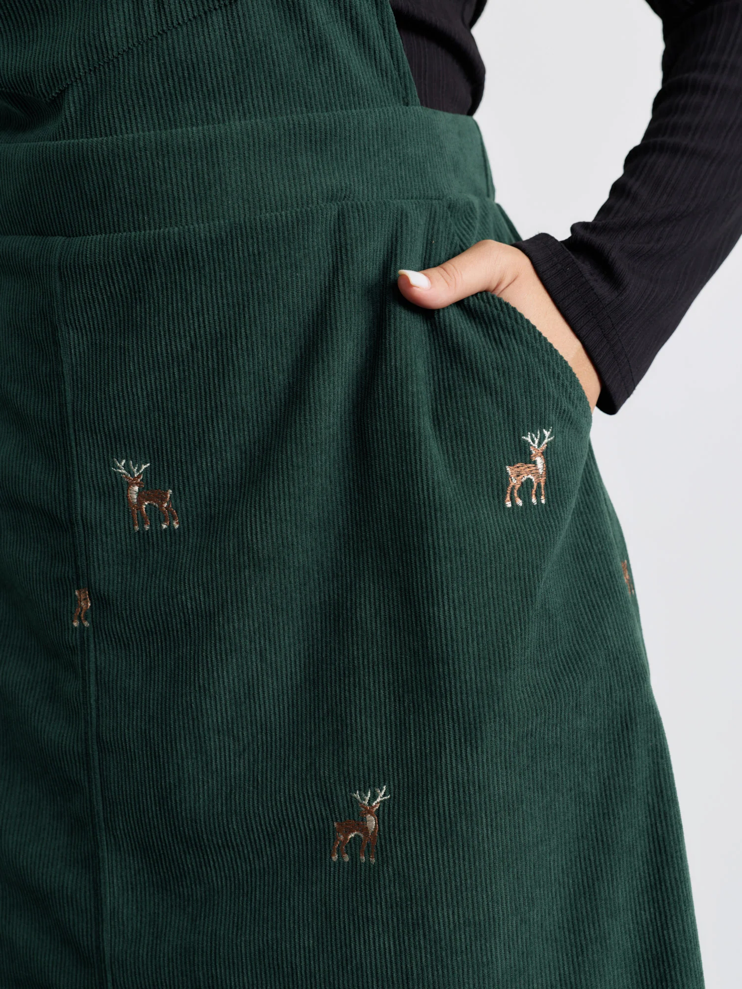 Corduroy Embroidered Adjustable Straps Knee Dress