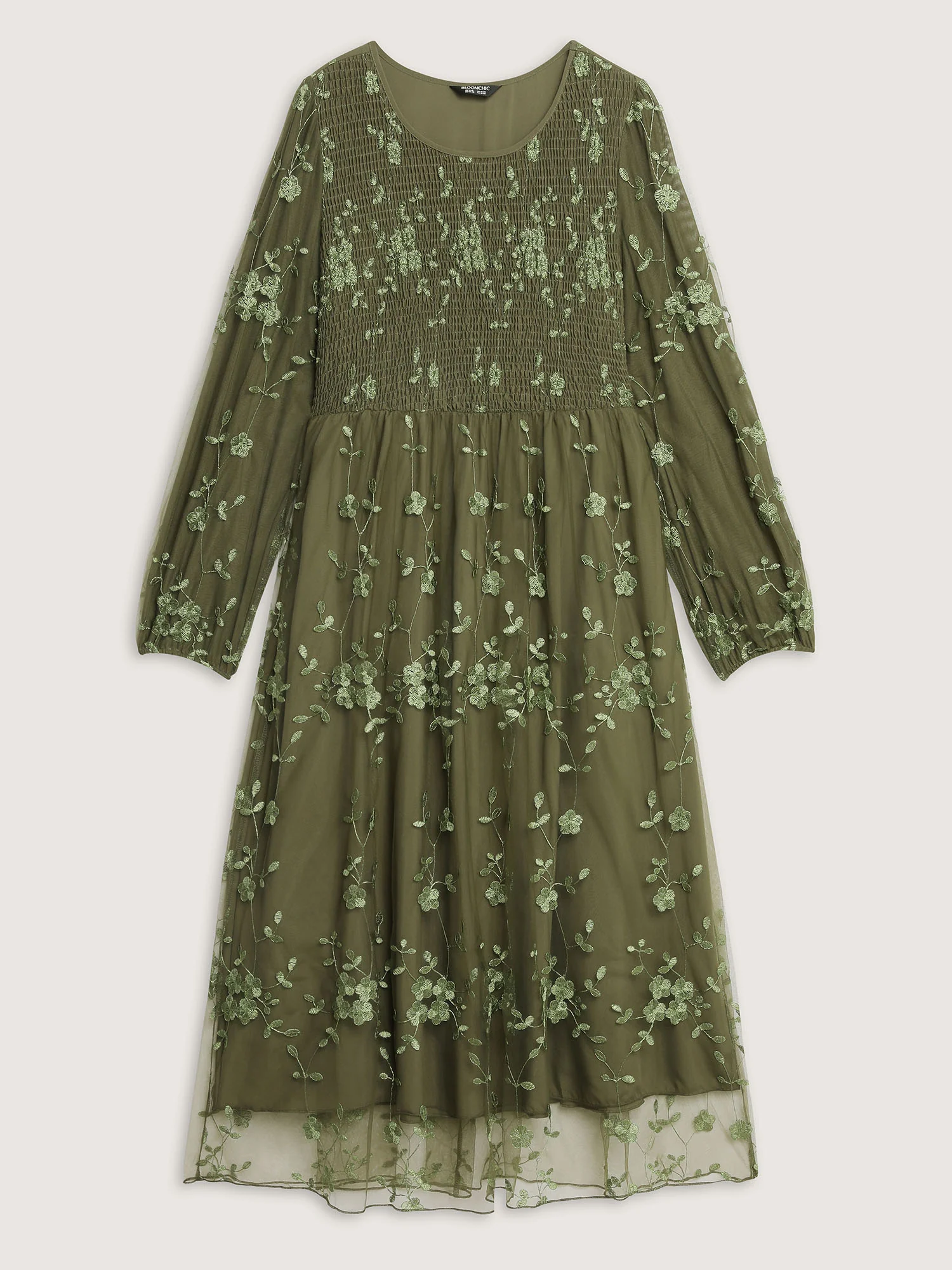 Floral Embroidered Shirred Lined Midi Dress