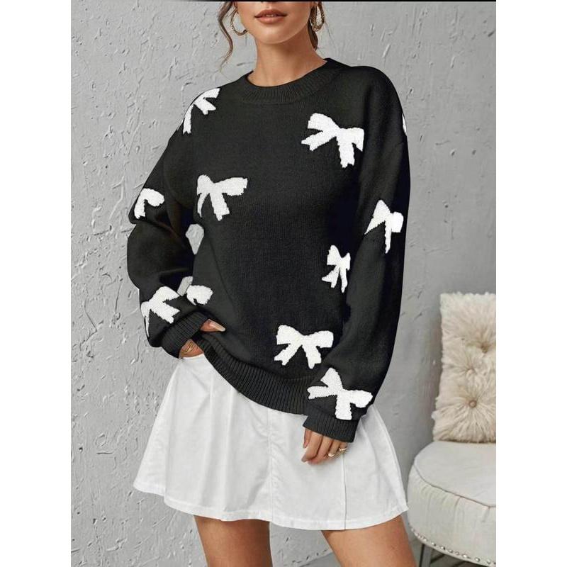 🔥Last day promotion⚡Fashion Bow Print Casual Loose Knitted Sweater Pullover Autumn/Winter Women Pullovers New O-Neck Full Sleeve Knit Sweater