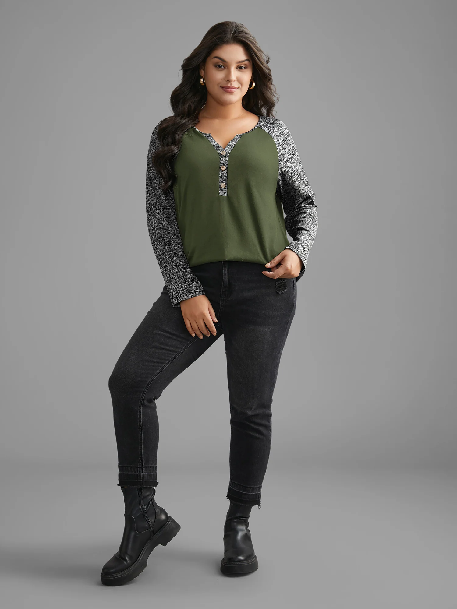 Heather Patchwork Button Detail Stretchy T-Shirt