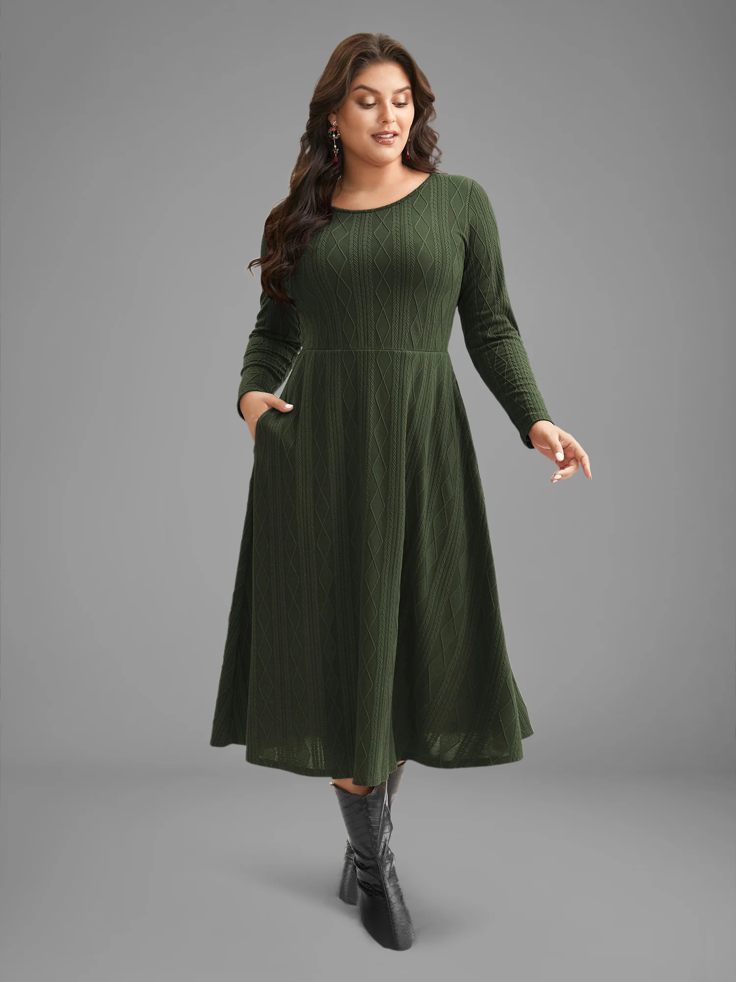Textured Knit Fit-And-Flare Midi Dress