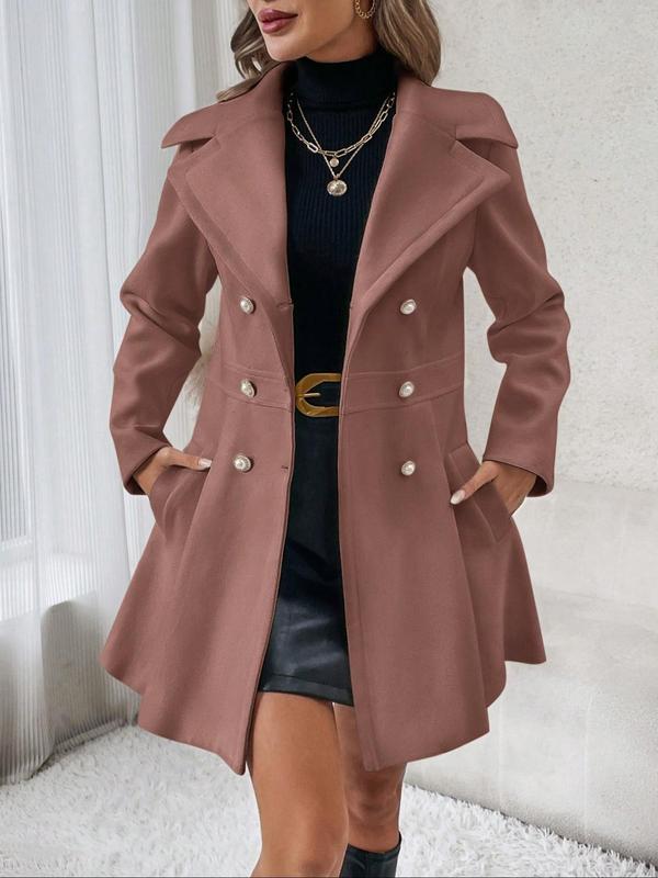 Women's Solid Double Button Pocket Overcoat, Casual Long Sleeve Lapel Neck Outerwear for Fall & Winter, Women's Clothes for Daily Wear, Clothing for Women, Cute Tops