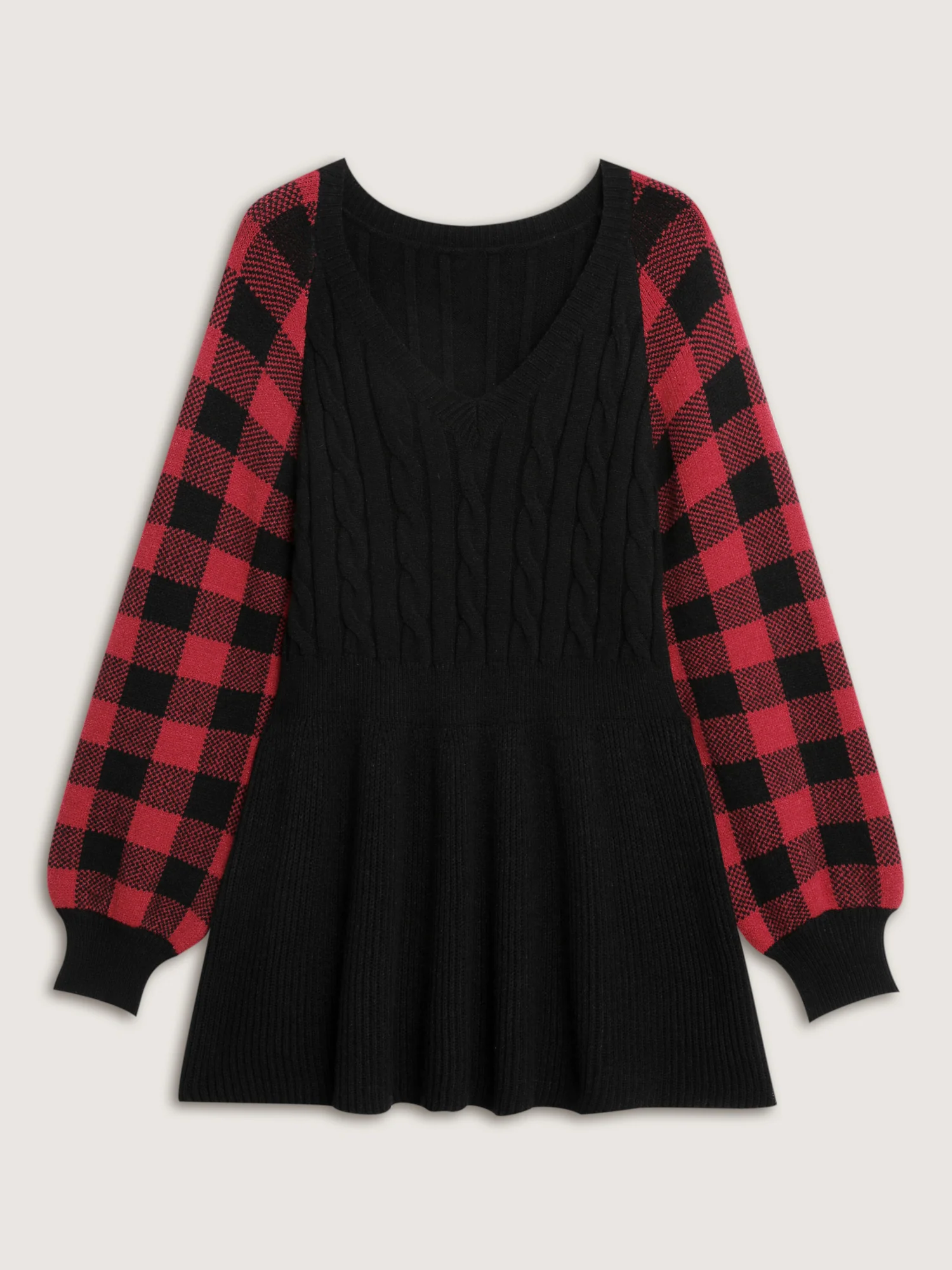 Check Jacquard Cableknit Cinched-Waist Pullover