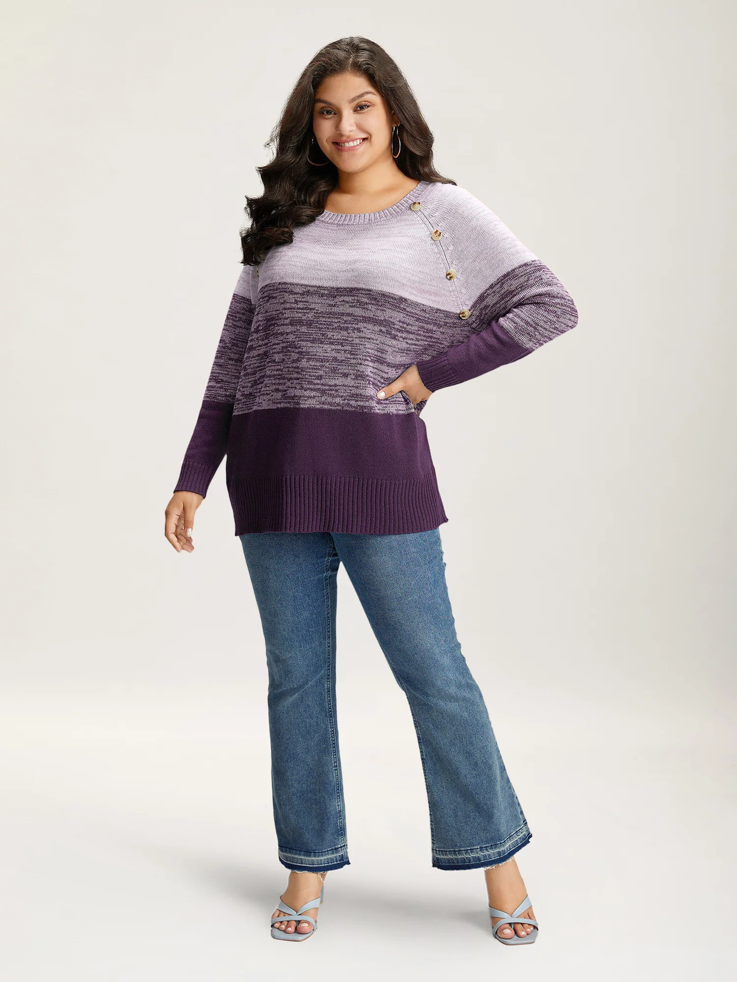 Colorblock Contrast Heather Button Detail Pullover