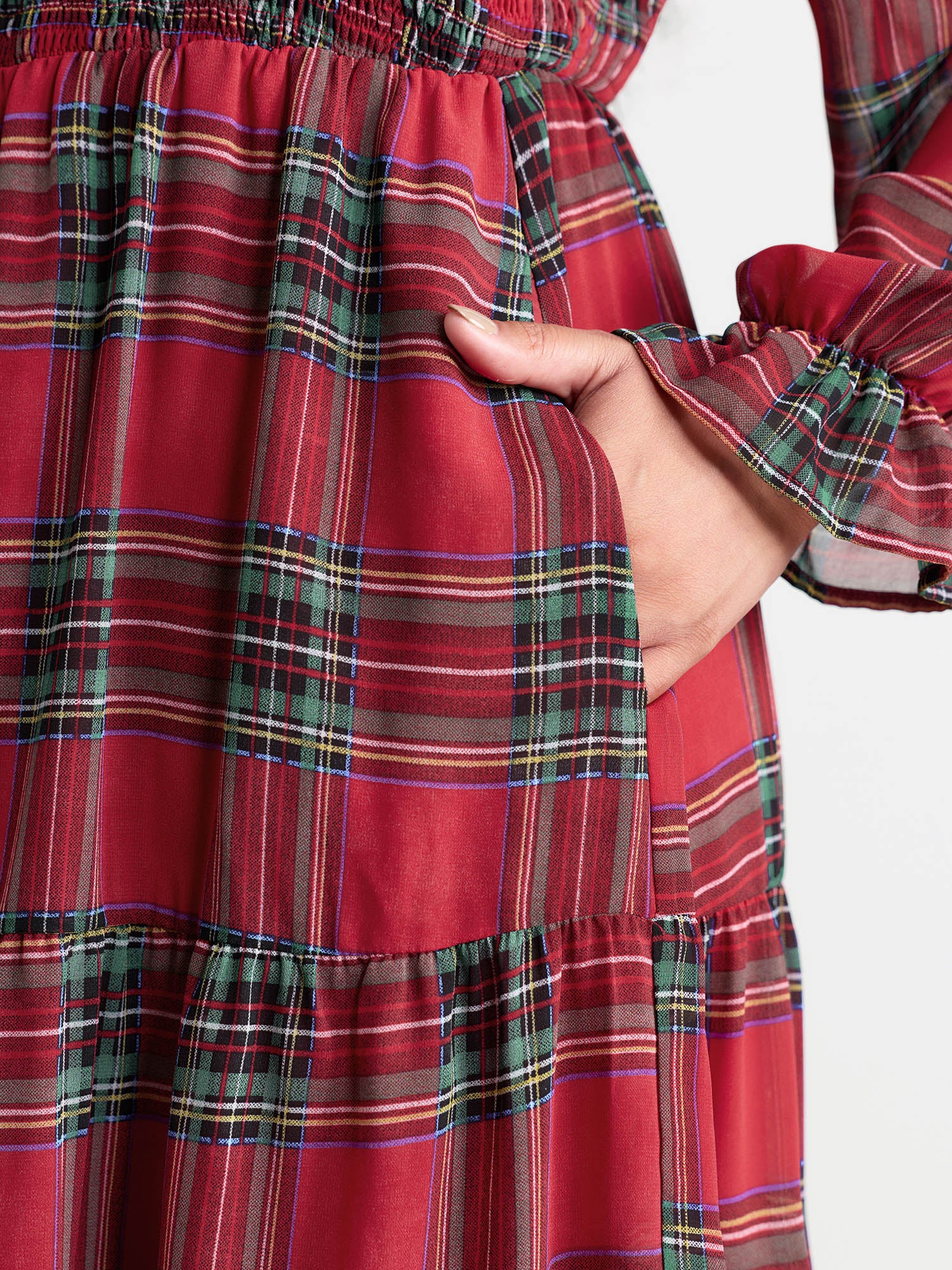 Holiday Plaid Shirred Bodice Maxi Dress