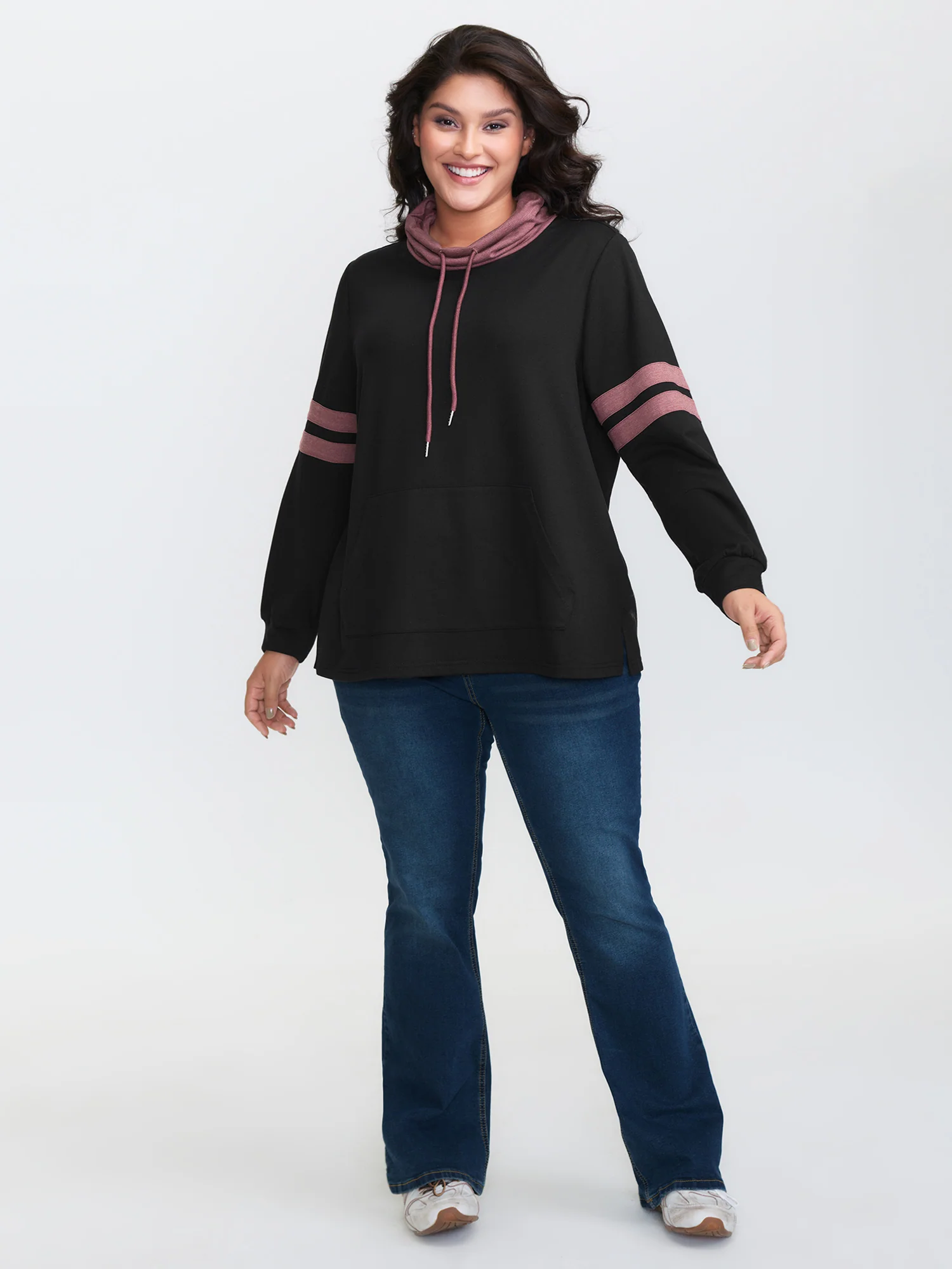 Stripe Color Contrast High Neck Sweatshirt