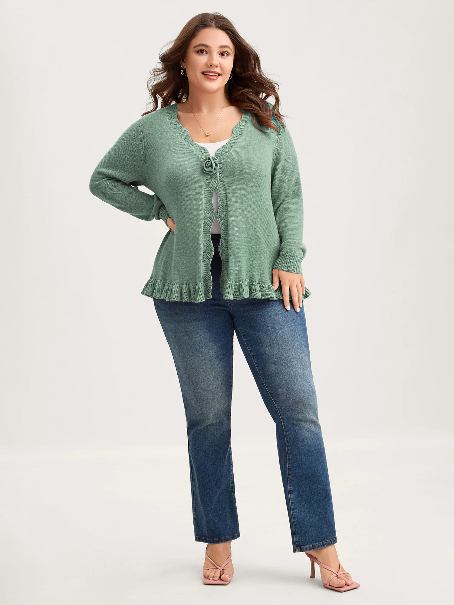 Supersoft Textured Floral Button Ruffled Hem Knit Cardigan