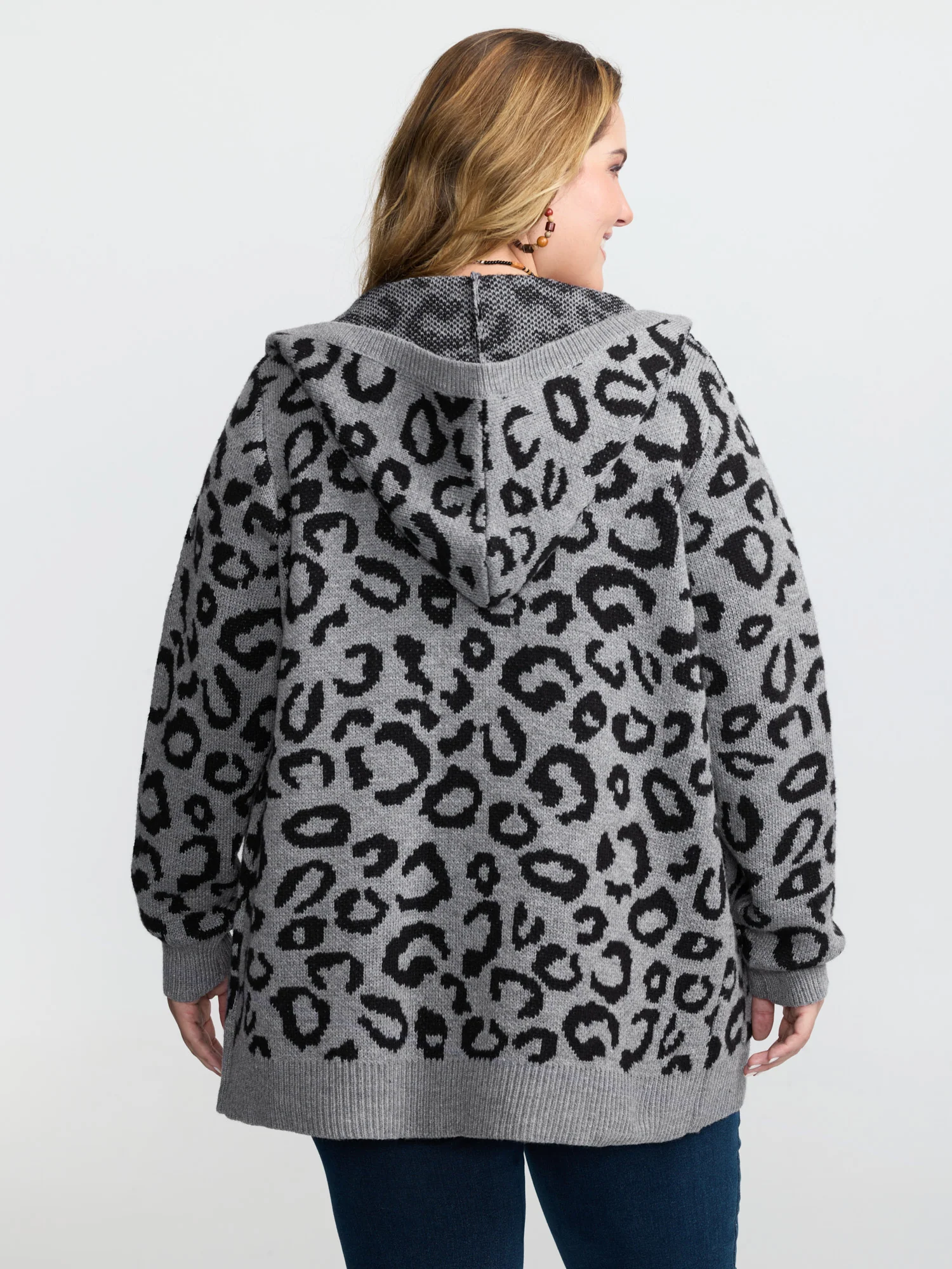 Leopard Print Jacquard Hooded Knit Cardigan