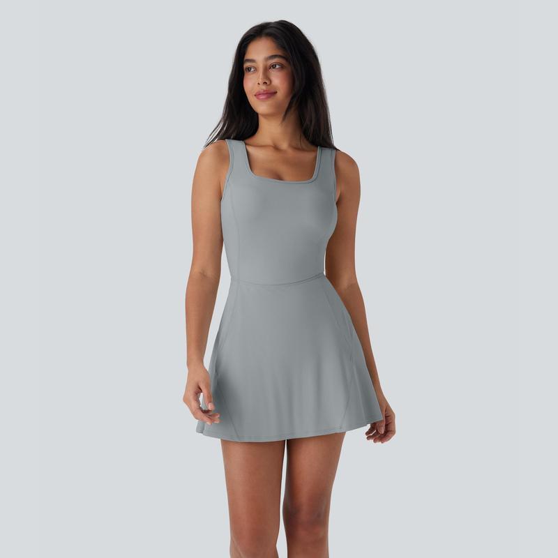 Women's U-Neck Backless Active Dress with Built-In Shorts