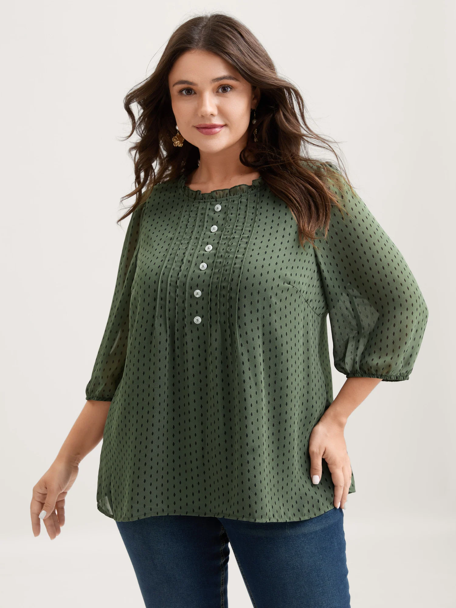 Polka Dots Pin Tuck Button Detail Blouse