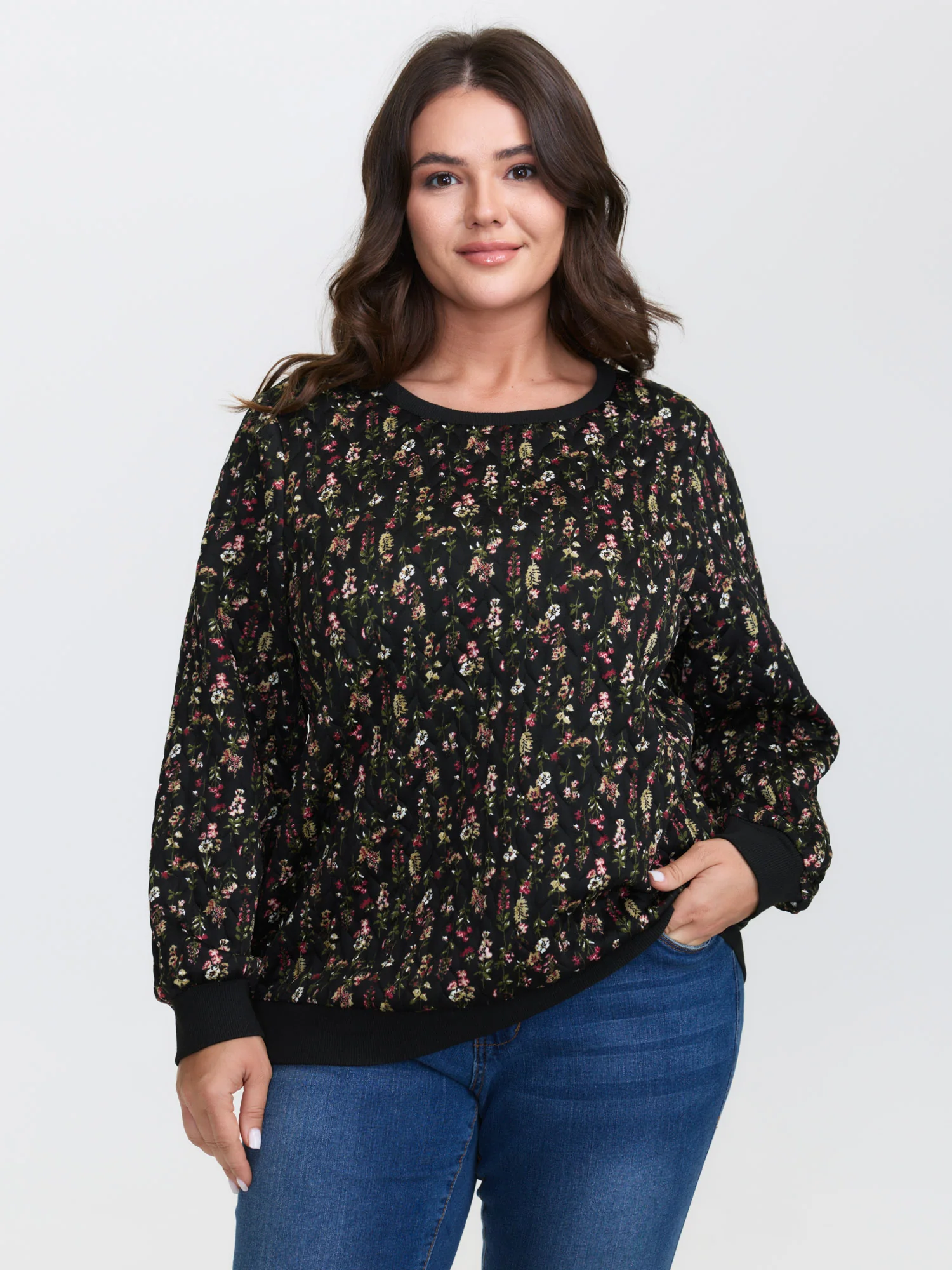 Floral Textured Round Neck Sweatshirt