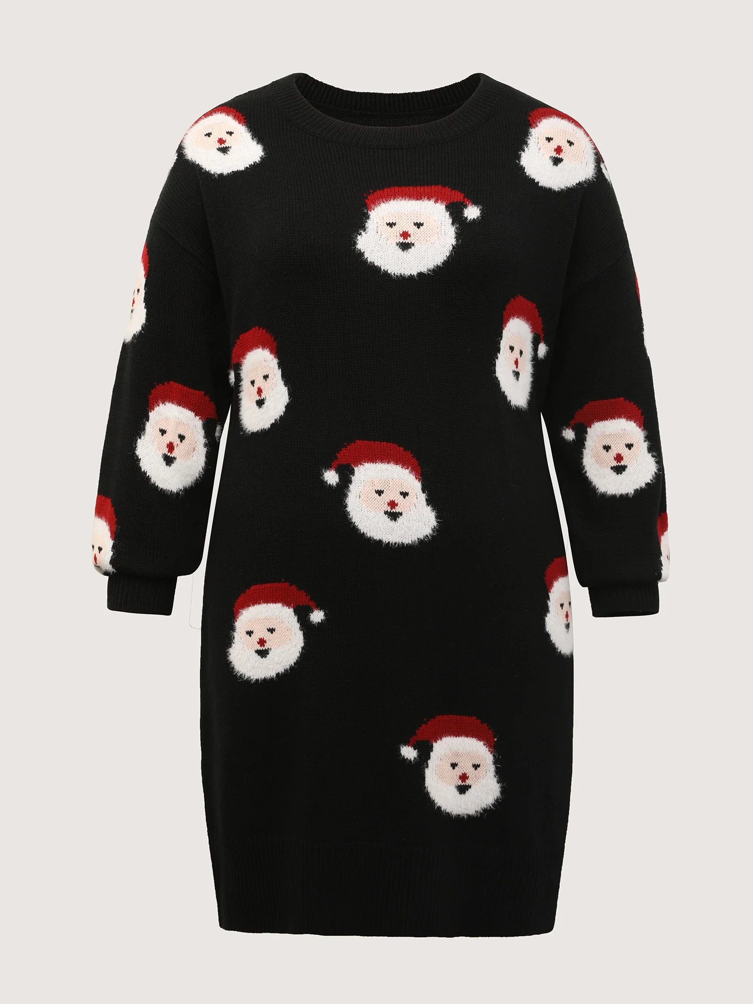 Santa Claus Print Embroidered Textured Sweater Dress