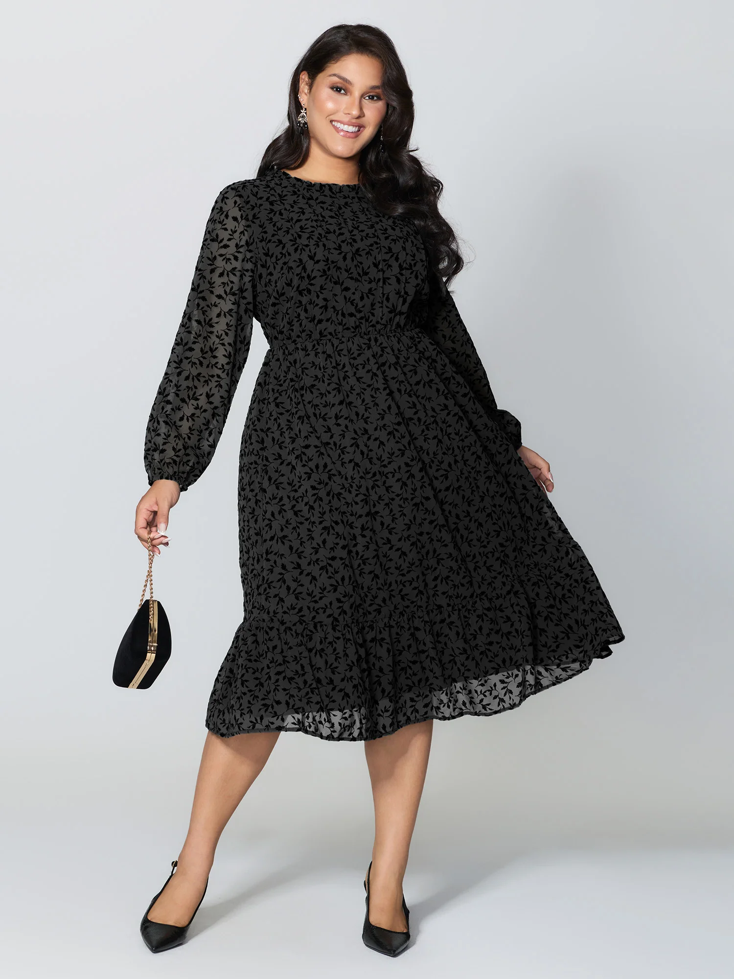 Flocked Floral Shirred Ruffled Neck Midi Dress