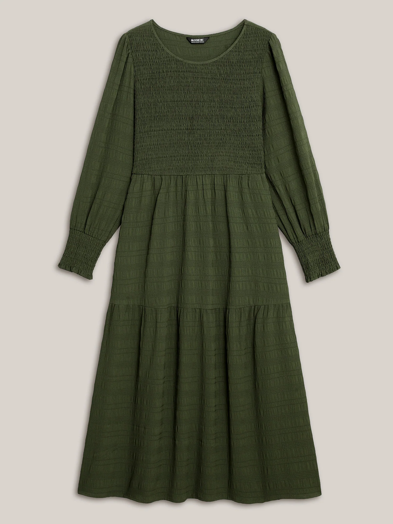 Plain Textured Shirred Midi Dress